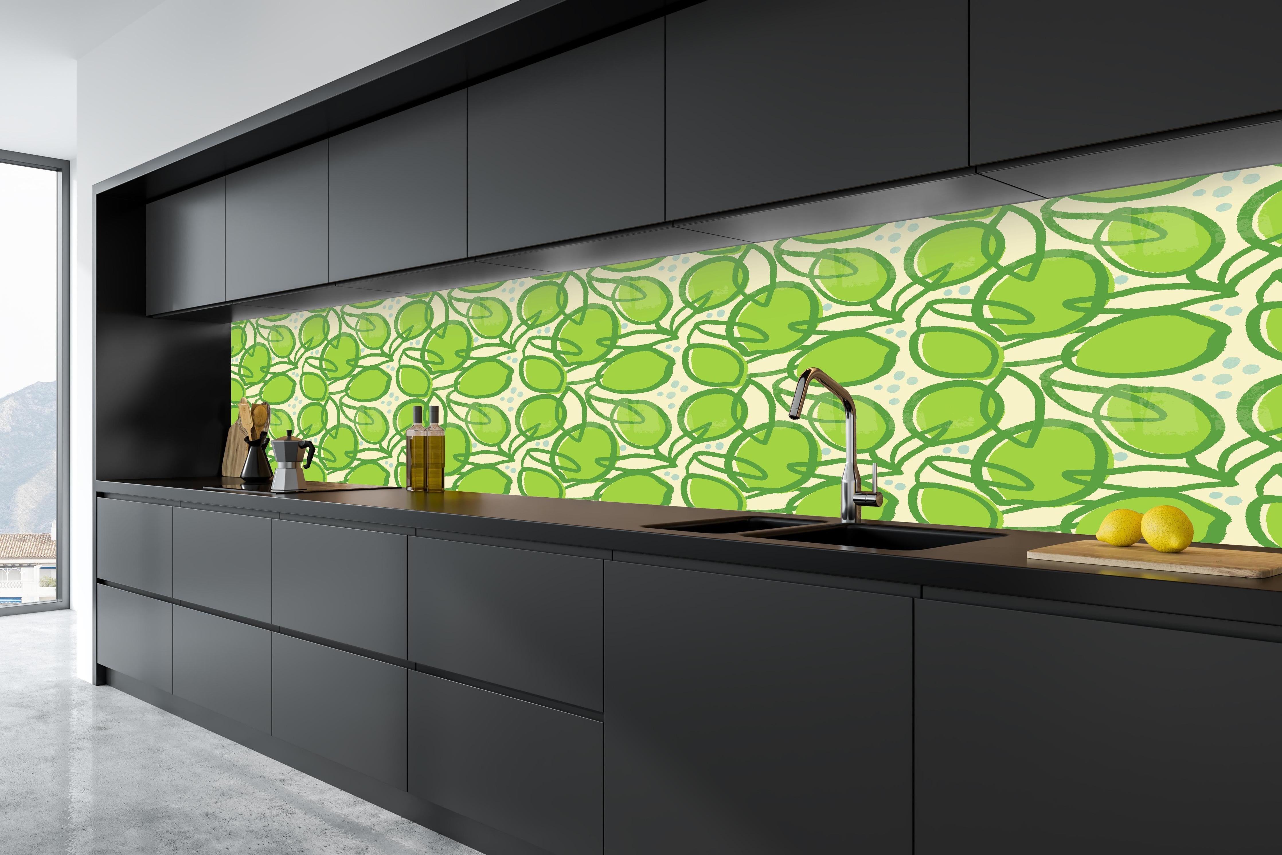 Küche - Limettenmuster Neon-Grün in tiefschwarzer matt-premium Einbauküche