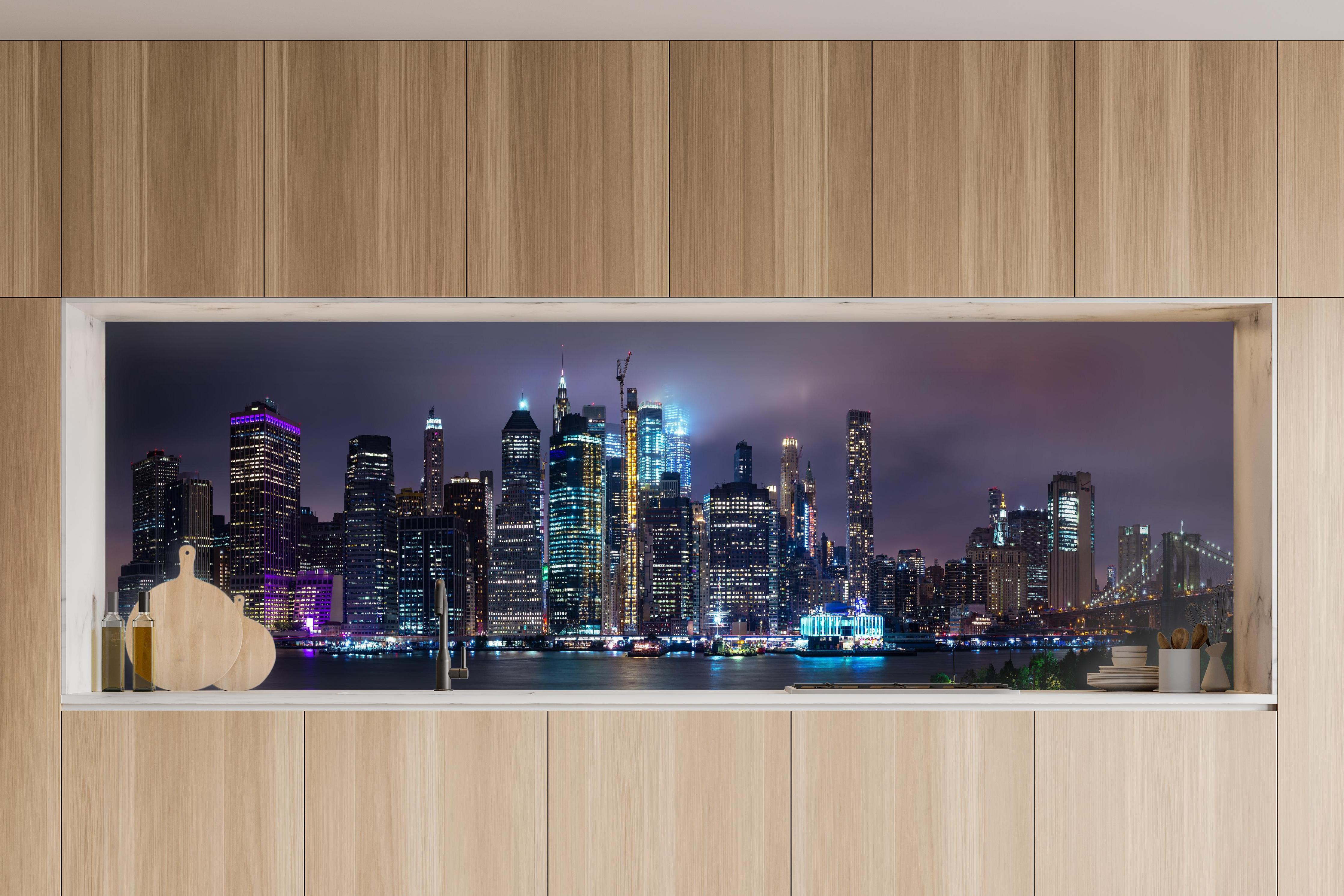 Küche - Manhattan Skyline – Stadt der Lichter in charakteristischer Vollholz-Küche mit modernem Gasherd