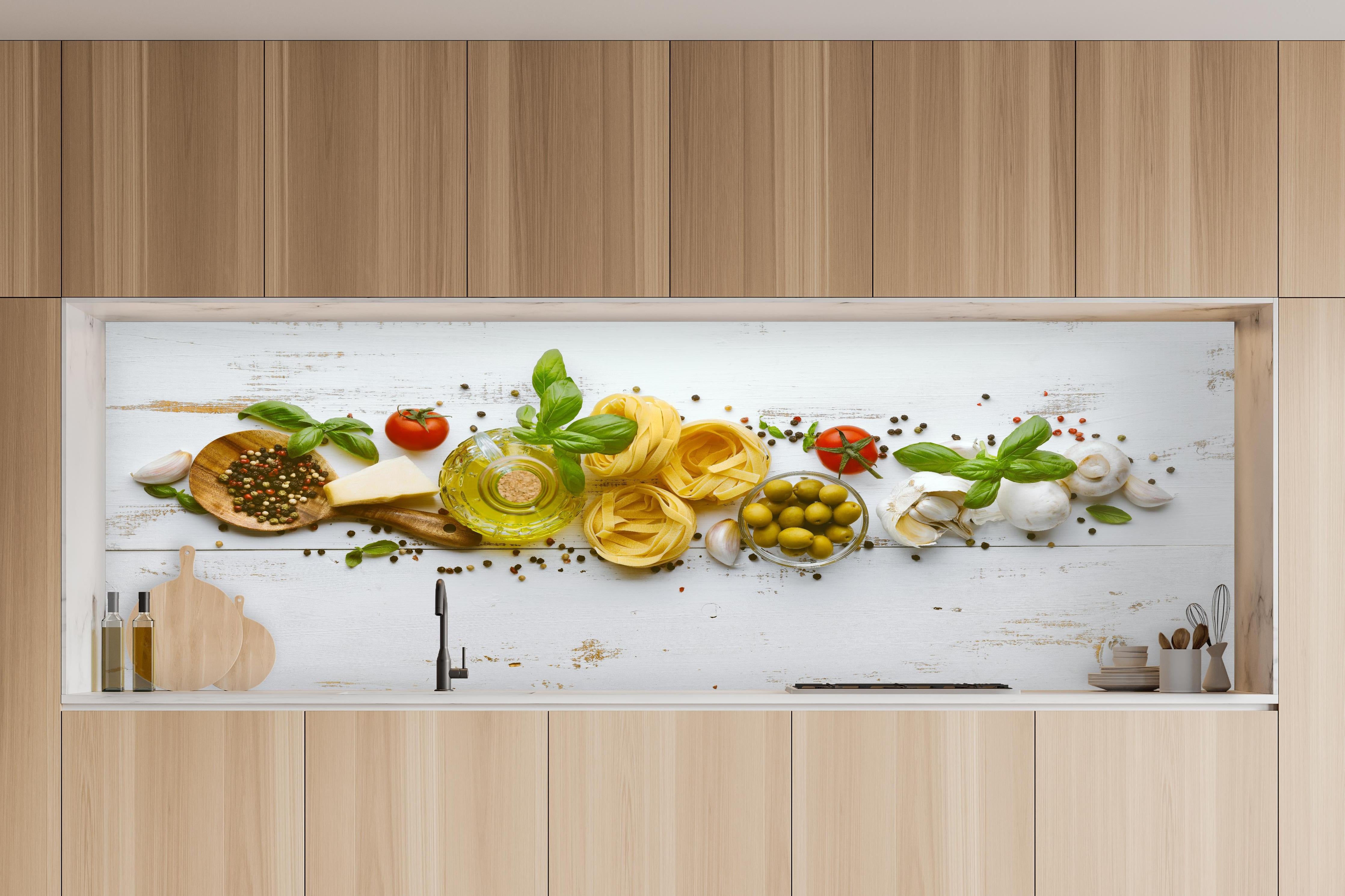 Küche - Mediterranes Gewürz Oliven Stillleben in charakteristischer Vollholz-Küche mit modernem Gasherd