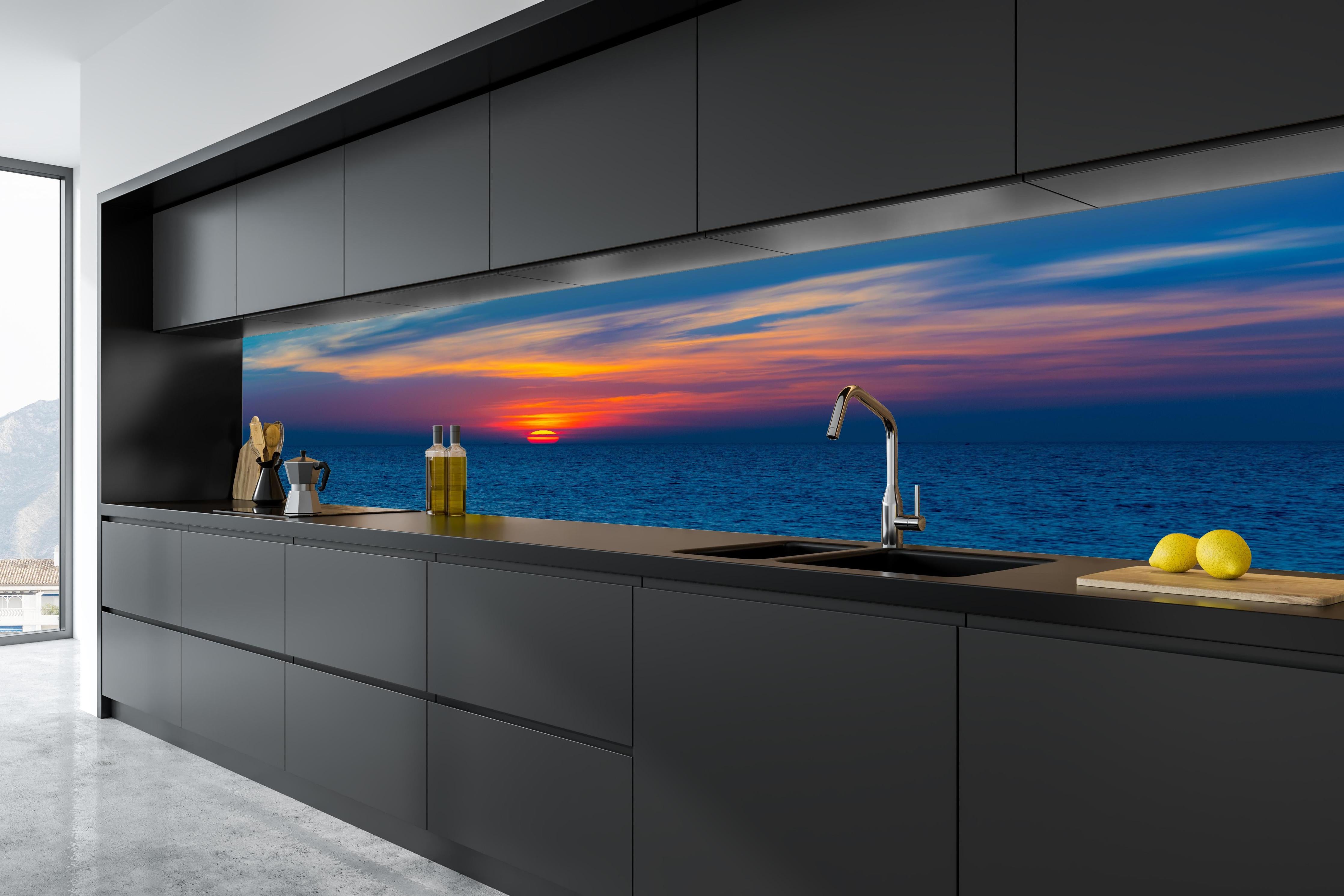Küche - Meer-Sonnenuntergang Blau-Orange in tiefschwarzer matt-premium Einbauküche