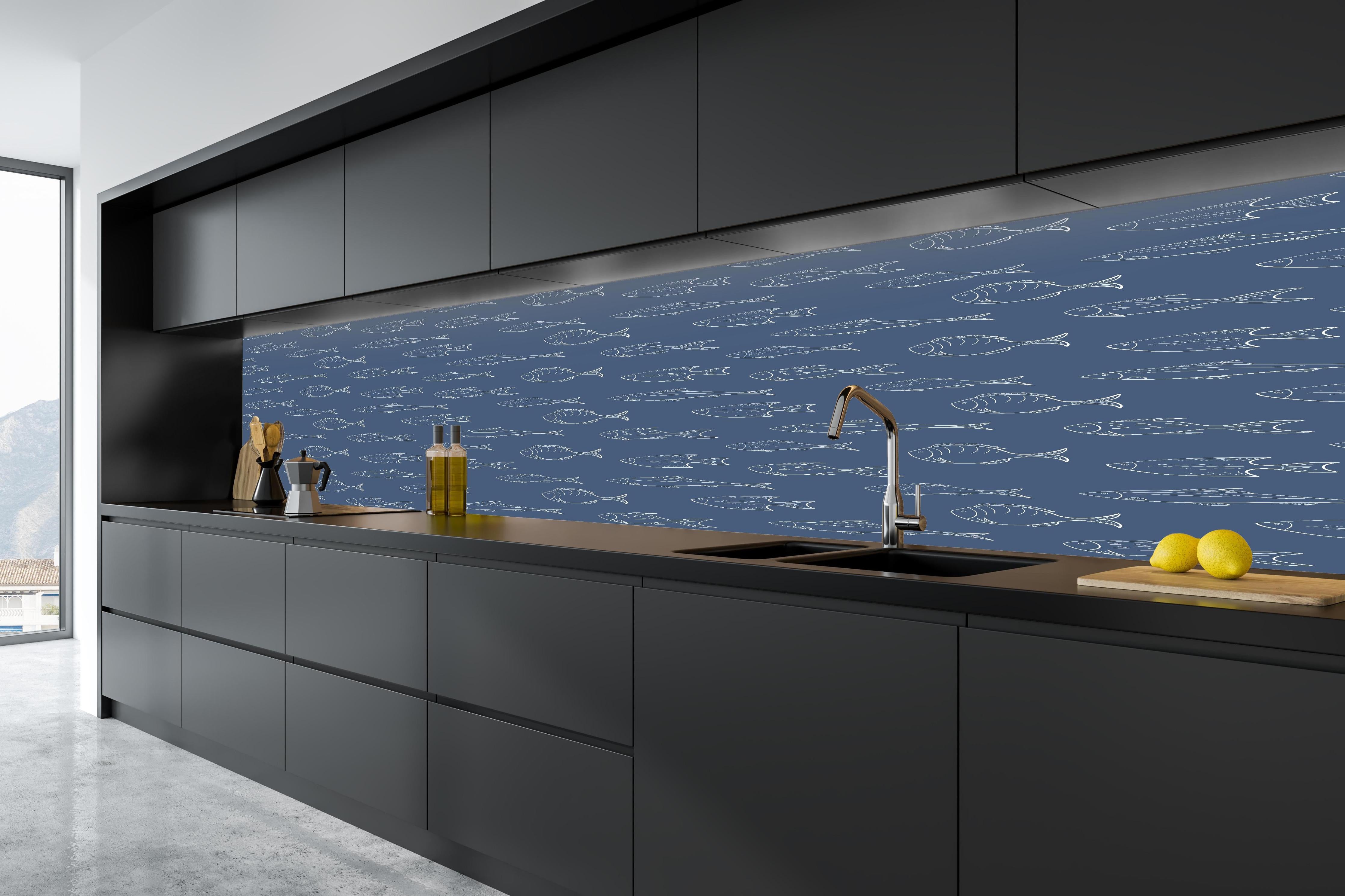 Küche - Minimal Fischmuster Blau in tiefschwarzer matt-premium Einbauküche