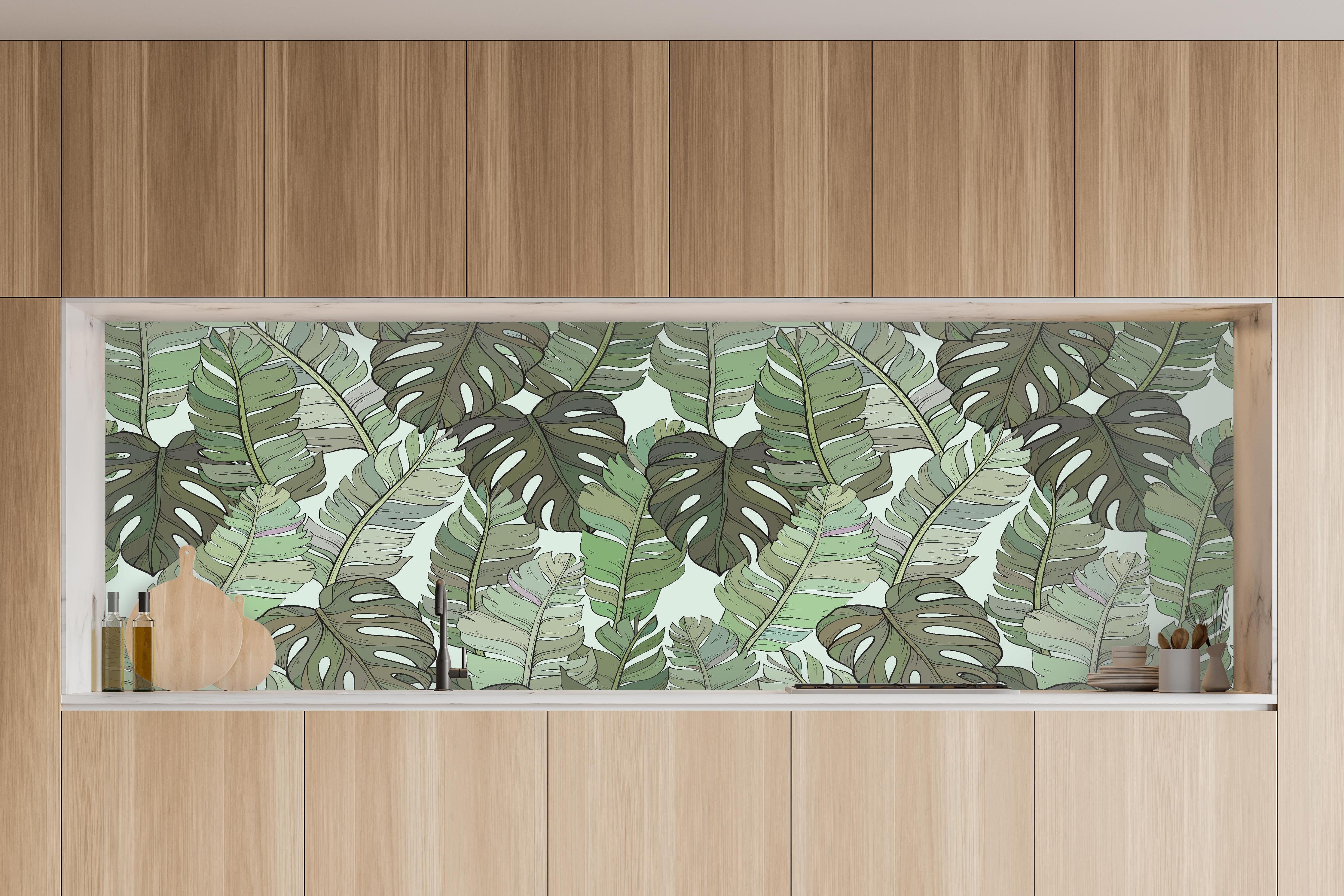 Küche - Monstera-Blätter – Tropische Eleganz in charakteristischer Vollholz-Küche mit modernem Gasherd