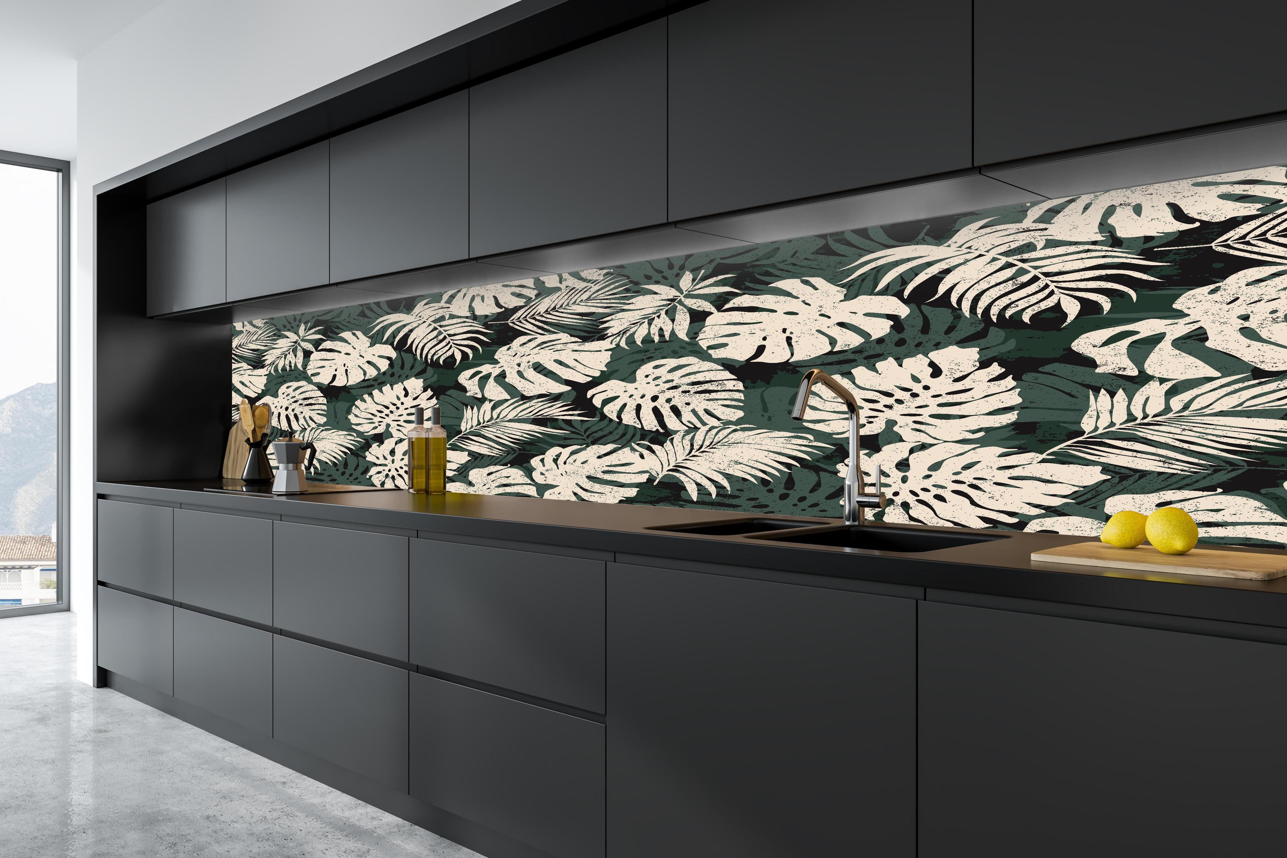 Küche - Monstera Blattmuster Grün-Beige in tiefschwarzer matt-premium Einbauküche