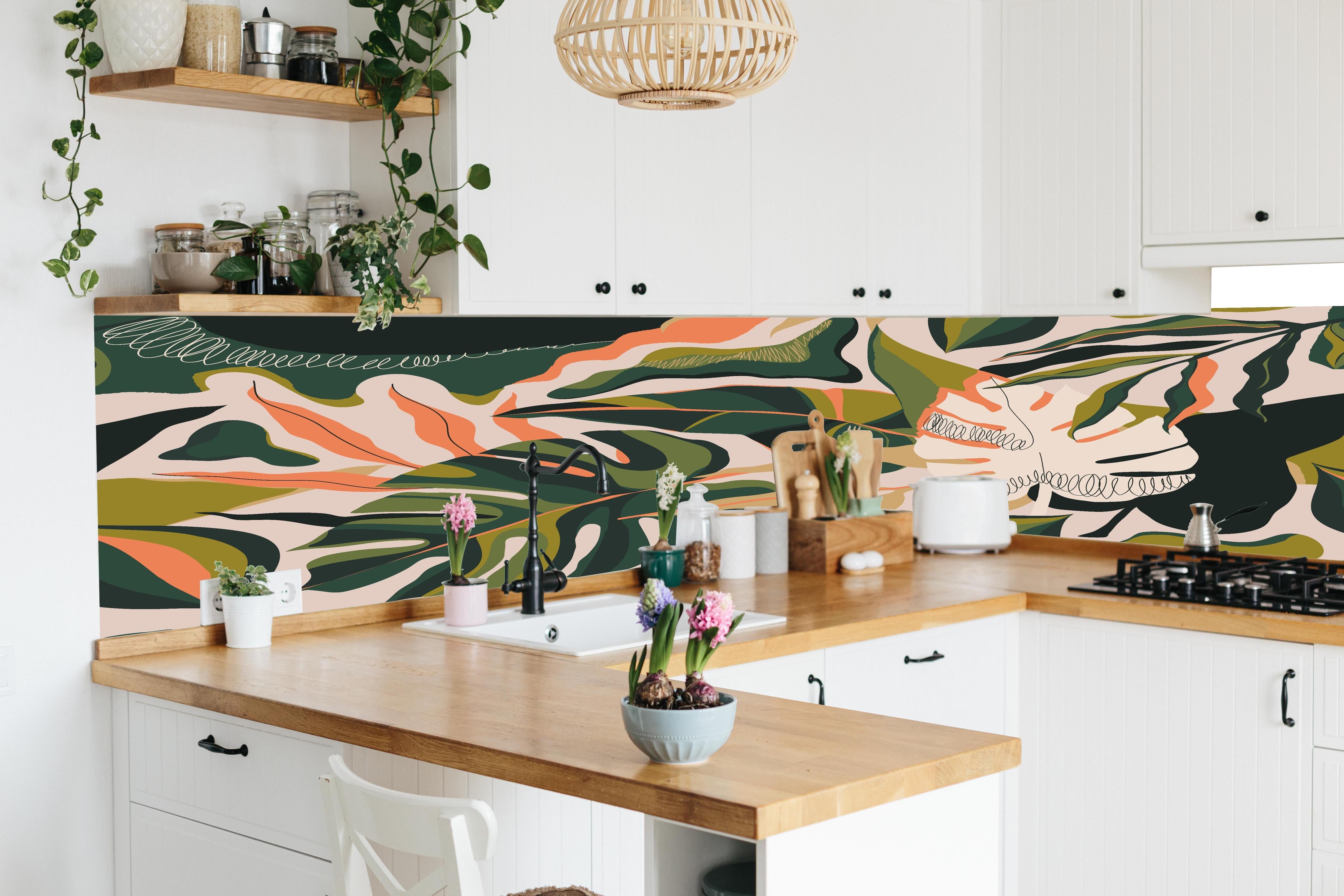 Küche - Monstera Tropic Blattmuster in lebendiger Küche mit bunten Blumen