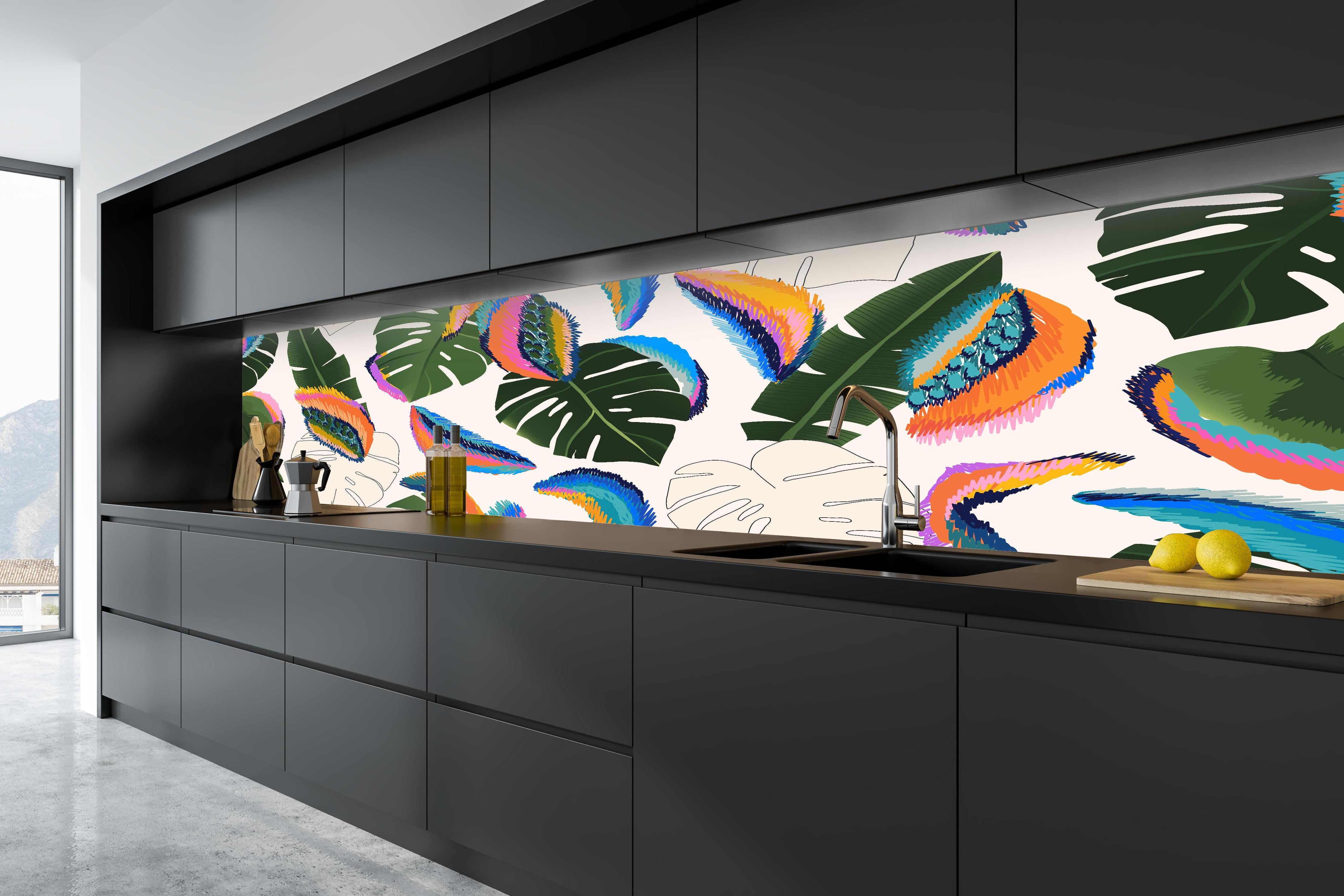 Küche - Monstera Tropic Bunte Blätter in tiefschwarzer matt-premium Einbauküche