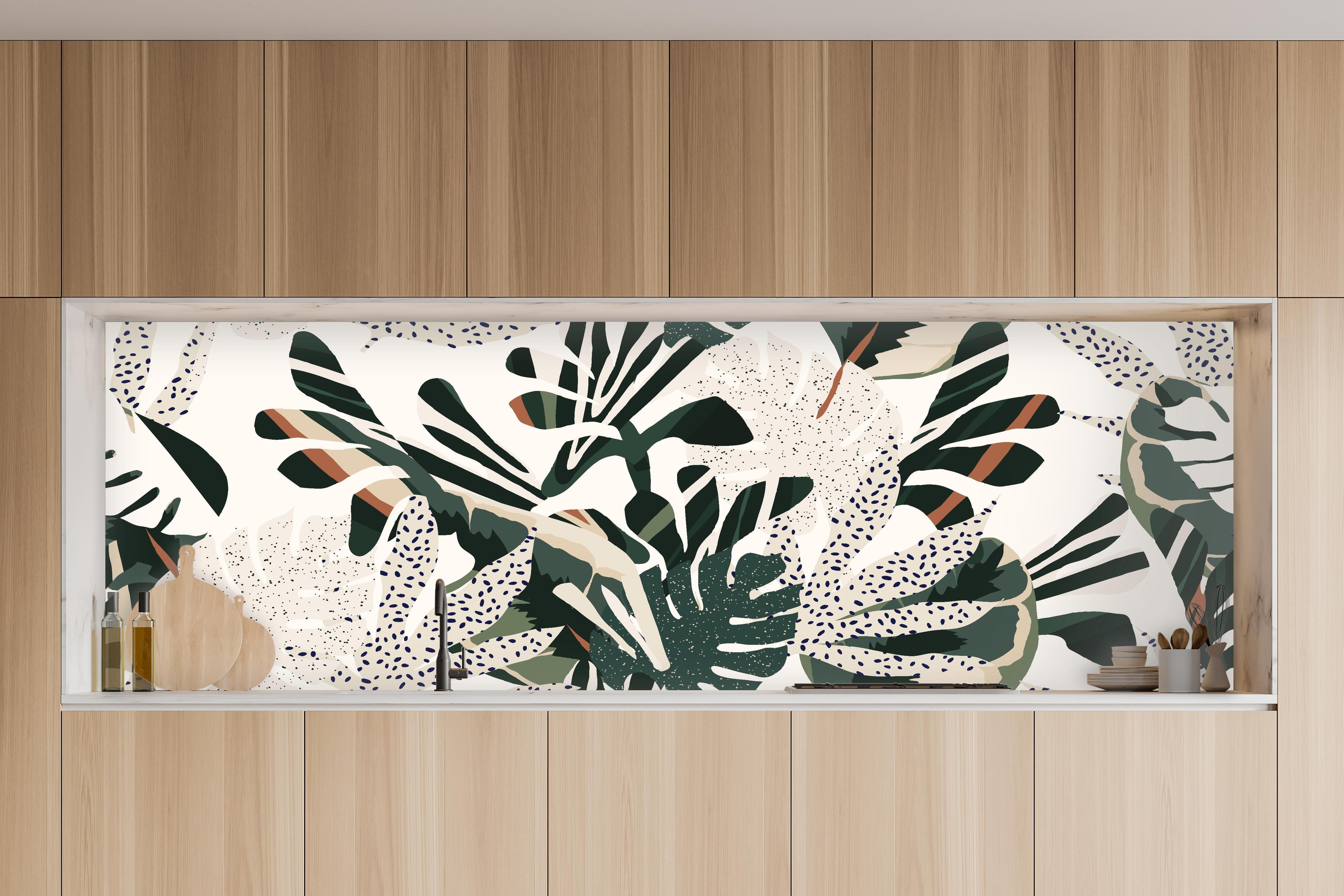 Küche - Monstera Tropic Grün-Beige in charakteristischer Vollholz-Küche mit modernem Gasherd