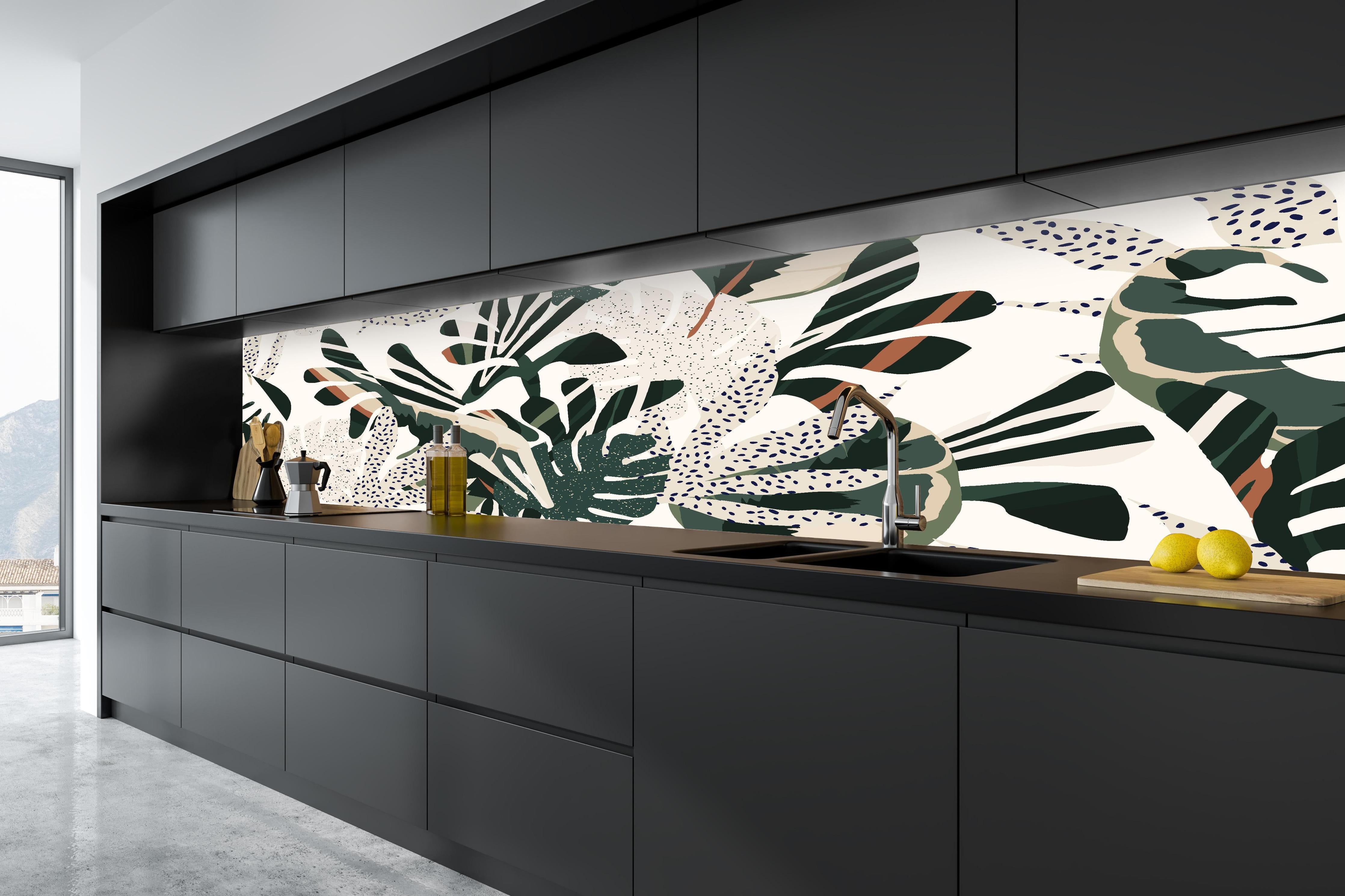 Küche - Monstera Tropic Grün-Beige in tiefschwarzer matt-premium Einbauküche