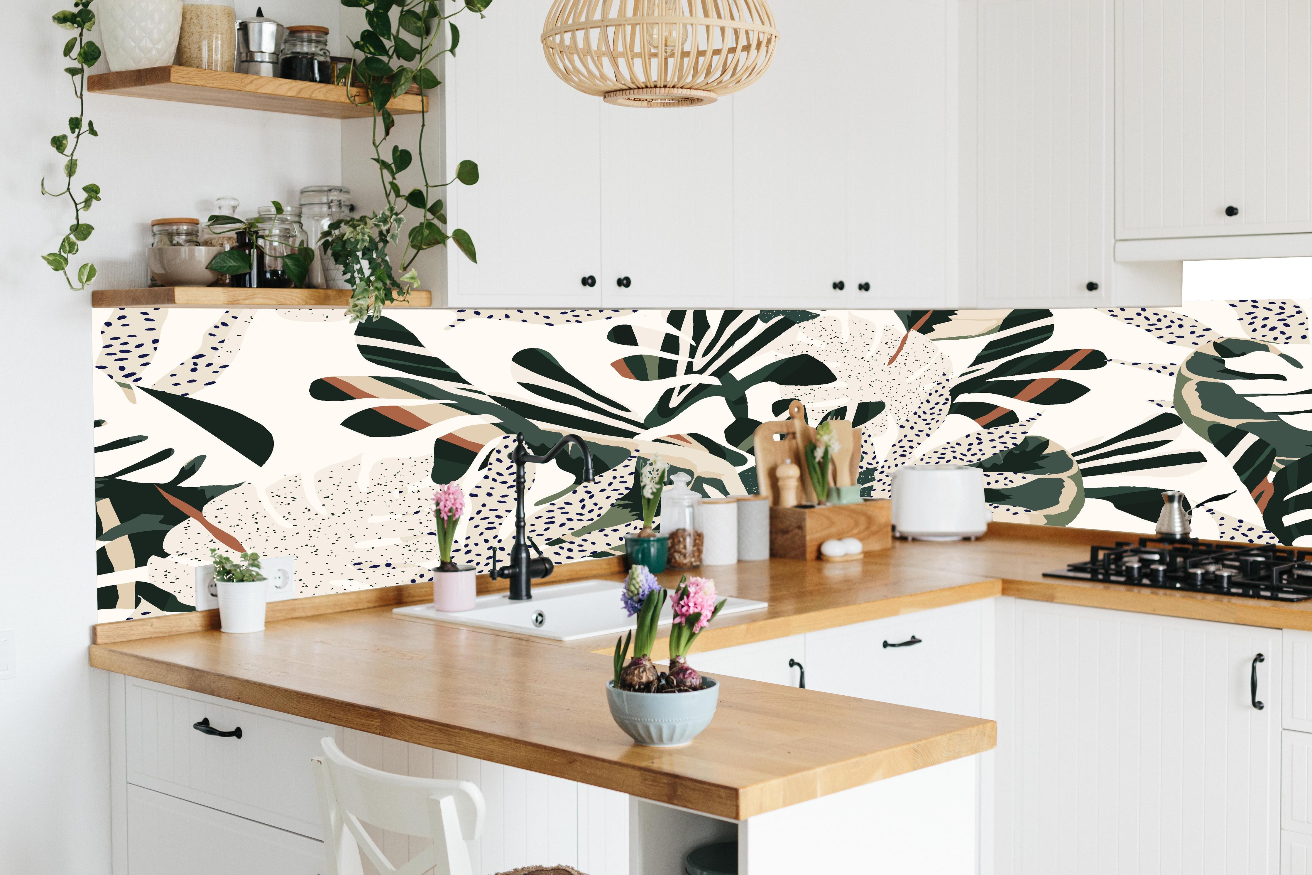 Küche - Monstera Tropic Grün-Beige in lebendiger Küche mit bunten Blumen