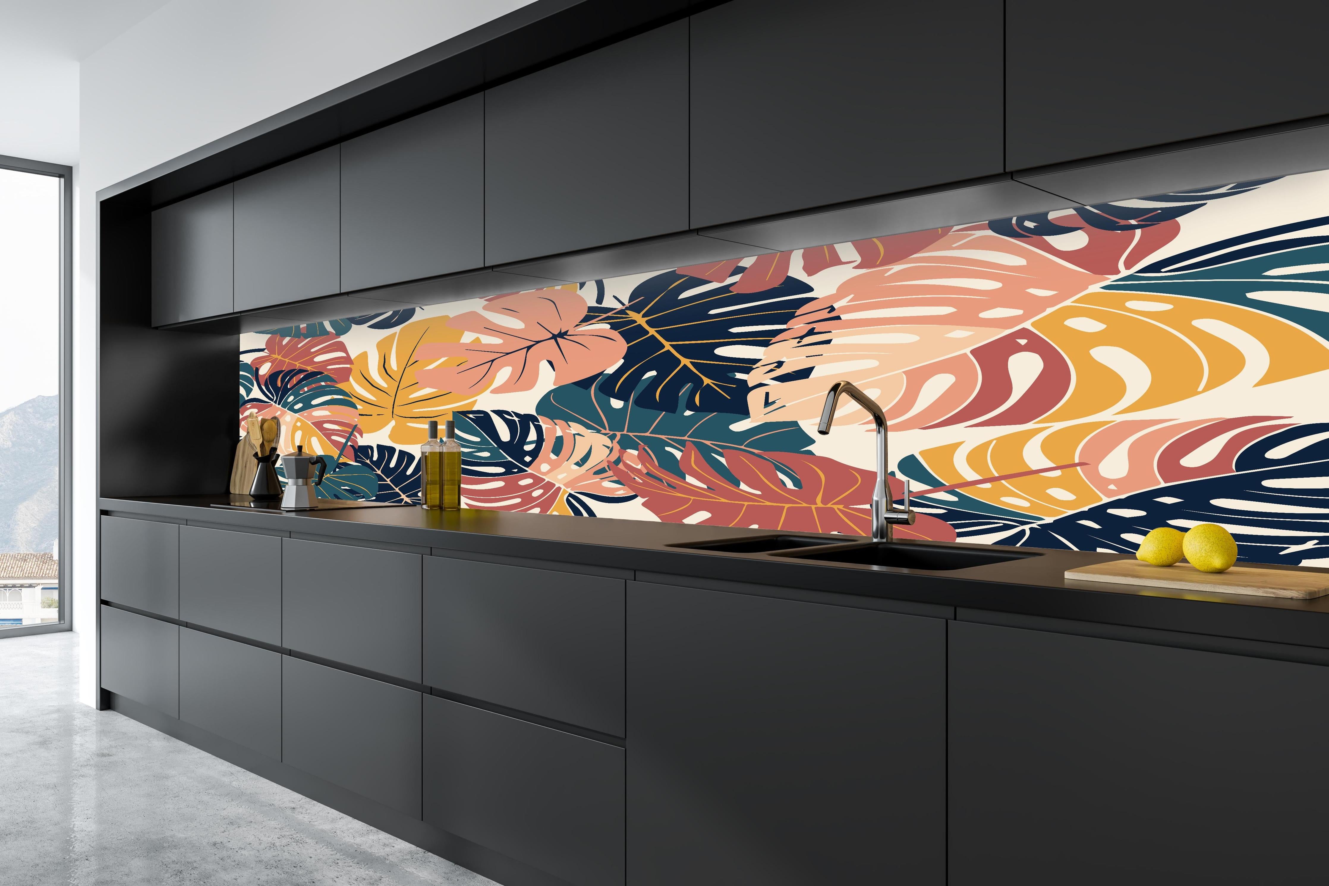 Küche - Monstera Tropic Koralle Türkis in tiefschwarzer matt-premium Einbauküche