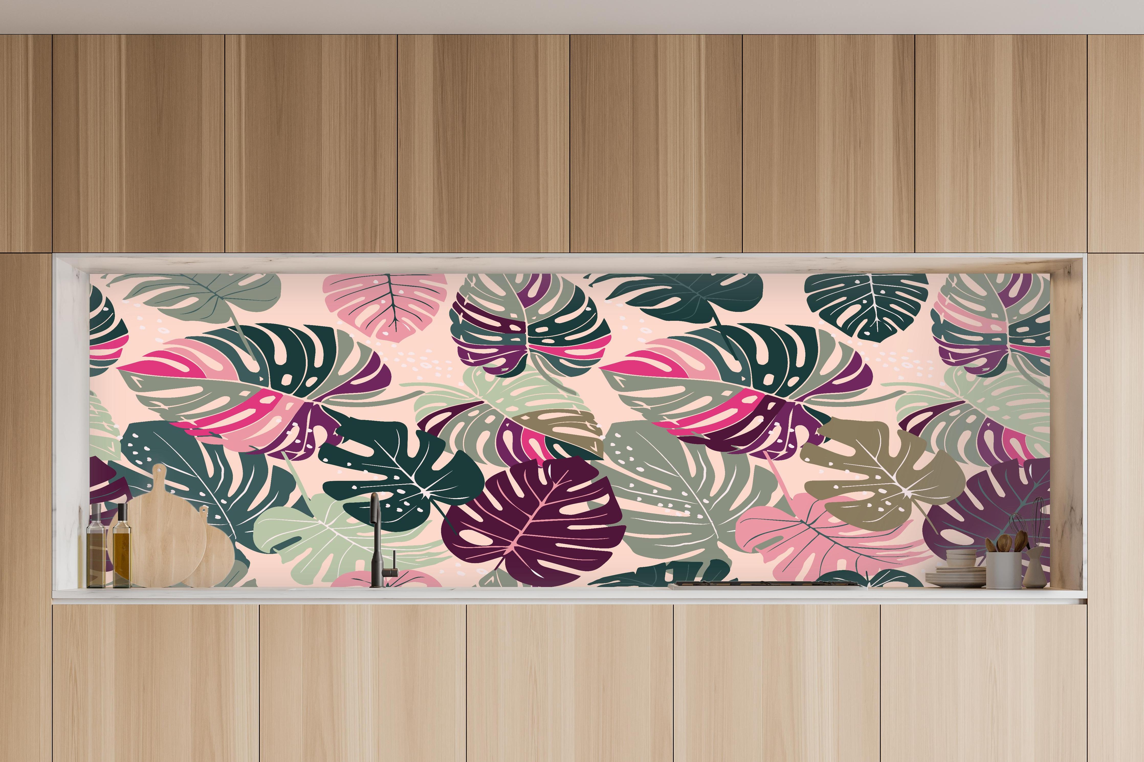 Küche - Monstera Tropic Rosa-Grün in charakteristischer Vollholz-Küche mit modernem Gasherd