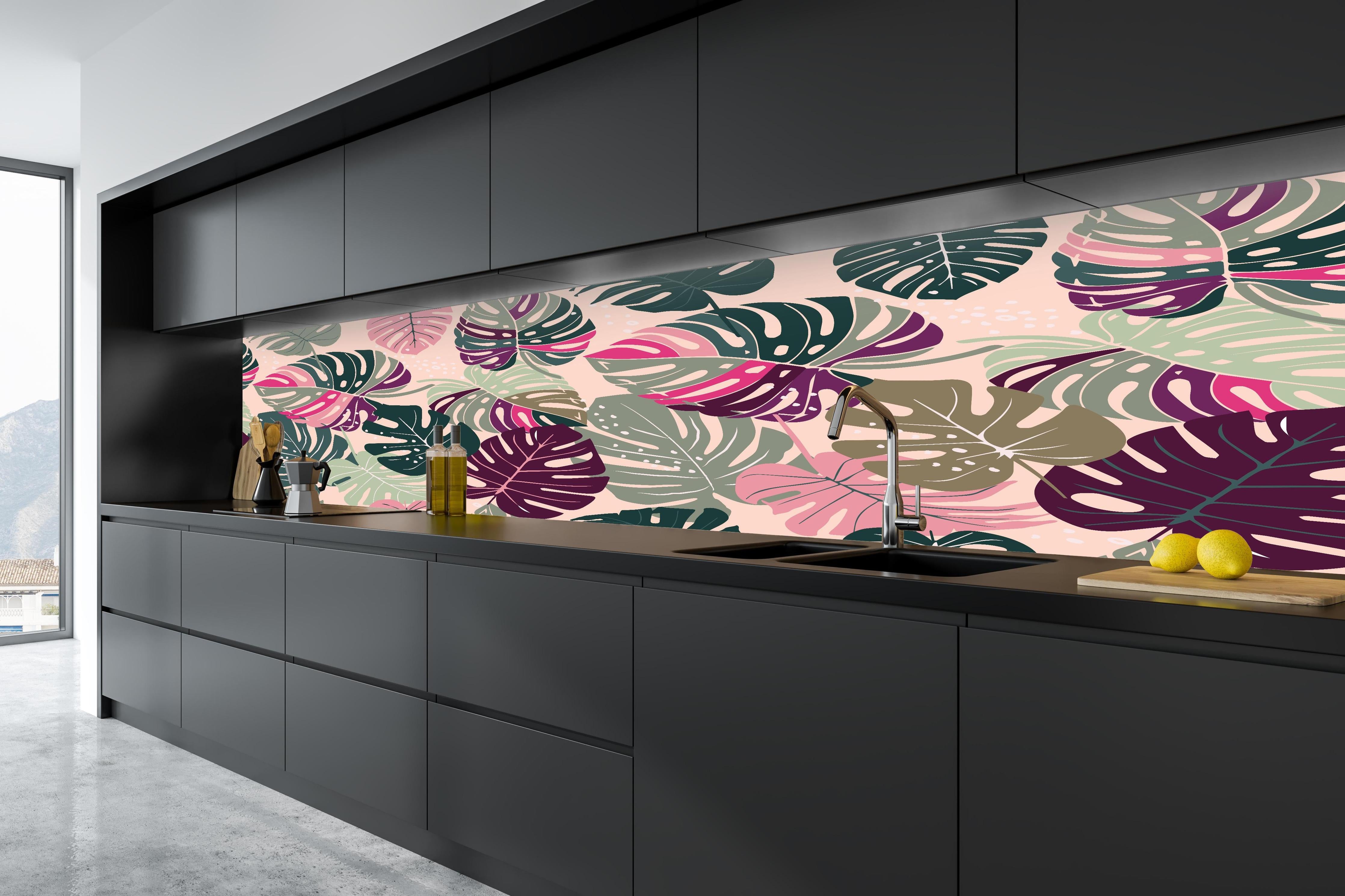 Küche - Monstera Tropic Rosa-Grün in tiefschwarzer matt-premium Einbauküche