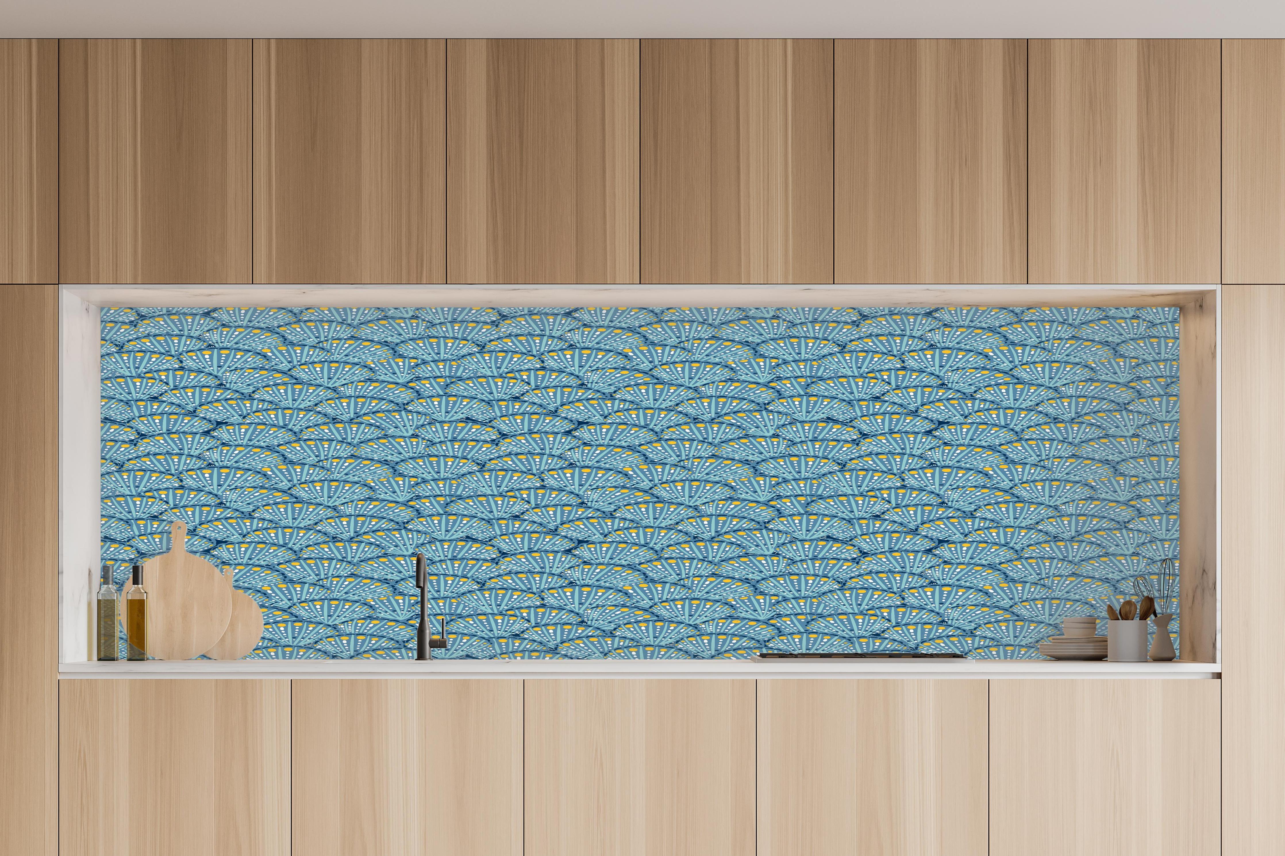 Küche - Muschel-Muster Blau-Gelb in charakteristischer Vollholz-Küche mit modernem Gasherd