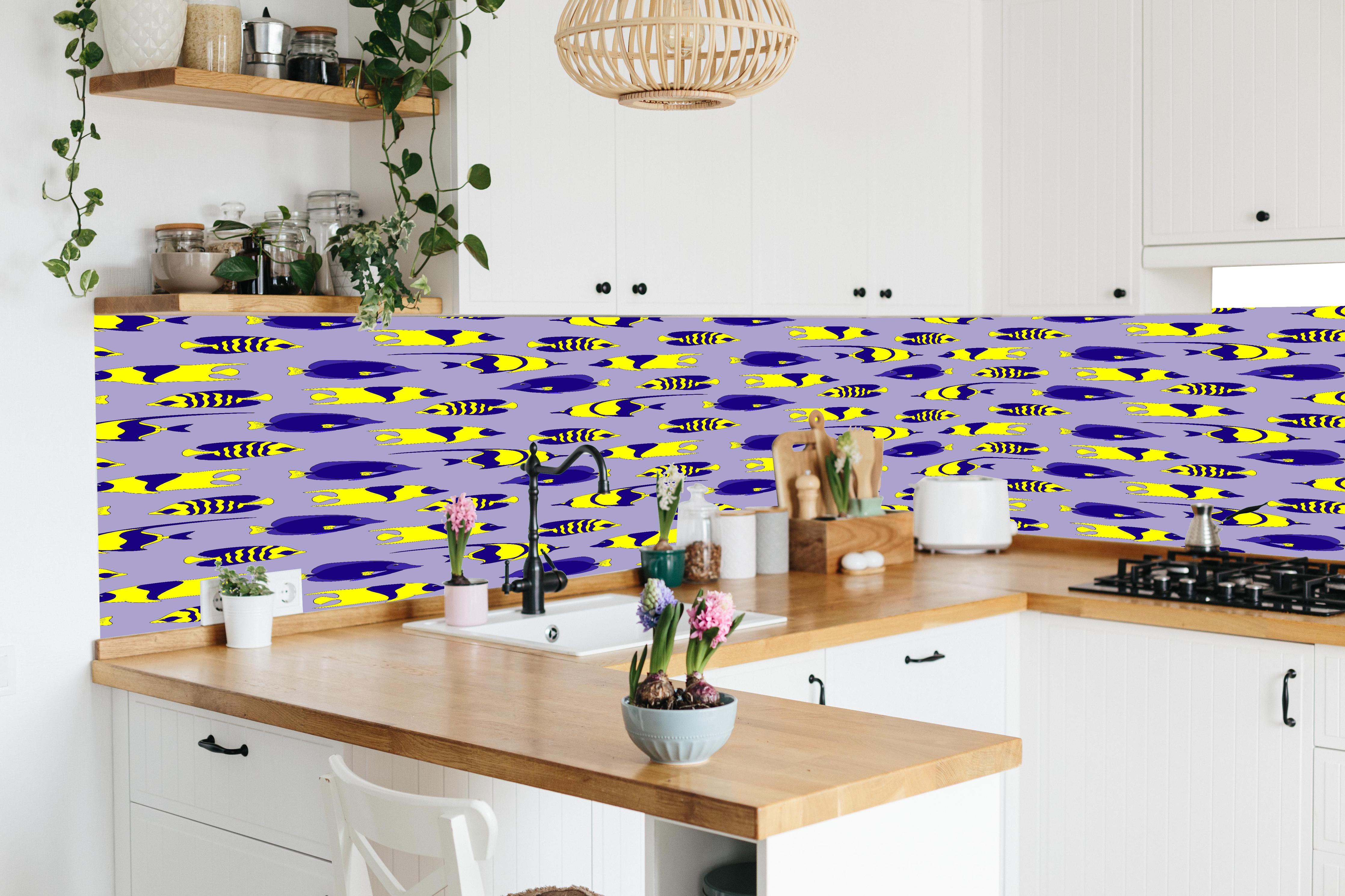 Küche - Neon-Fische Gelb-Blau Muster in lebendiger Küche mit bunten Blumen