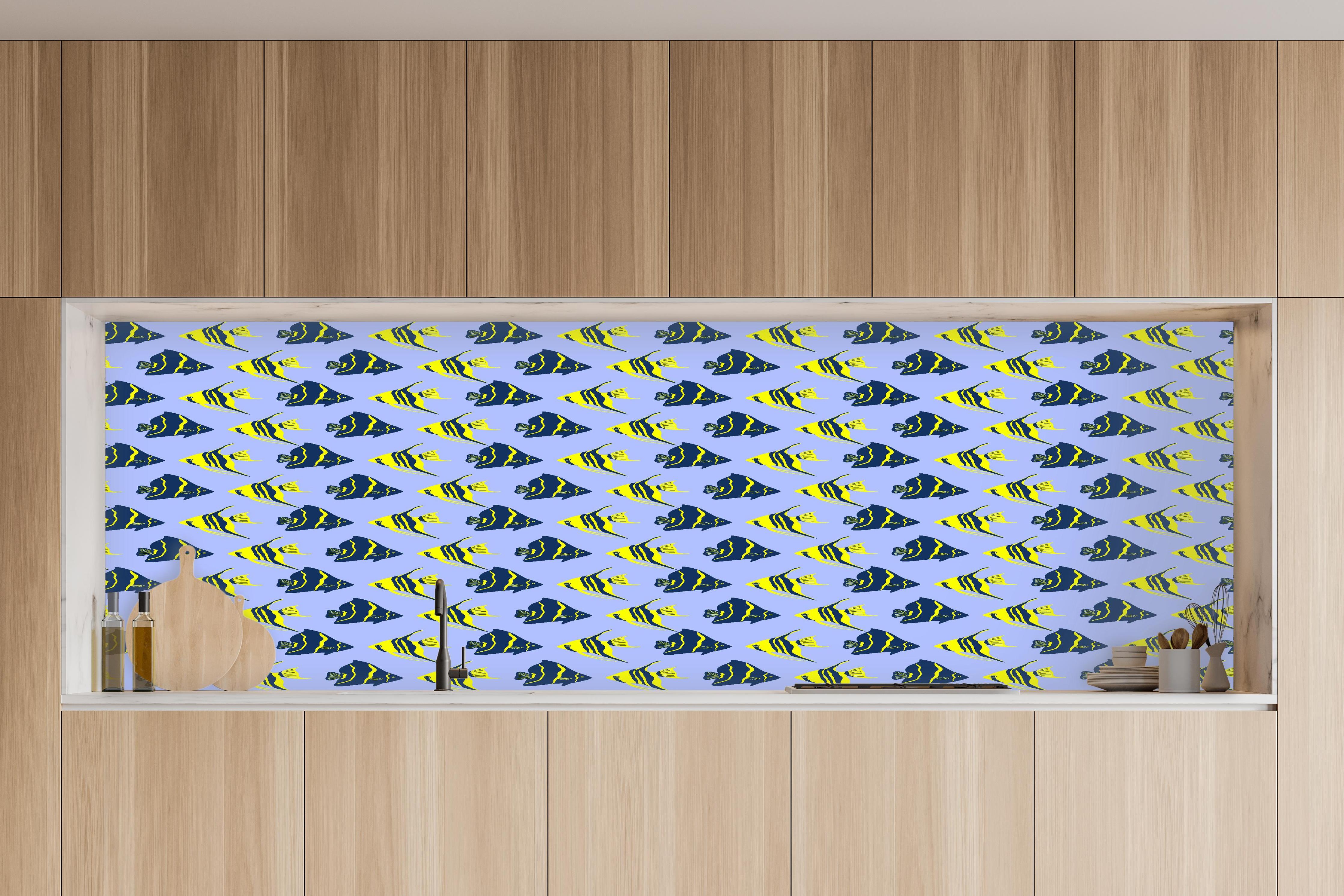 Küche - Neon-Fischmuster Blau Gelb in charakteristischer Vollholz-Küche mit modernem Gasherd