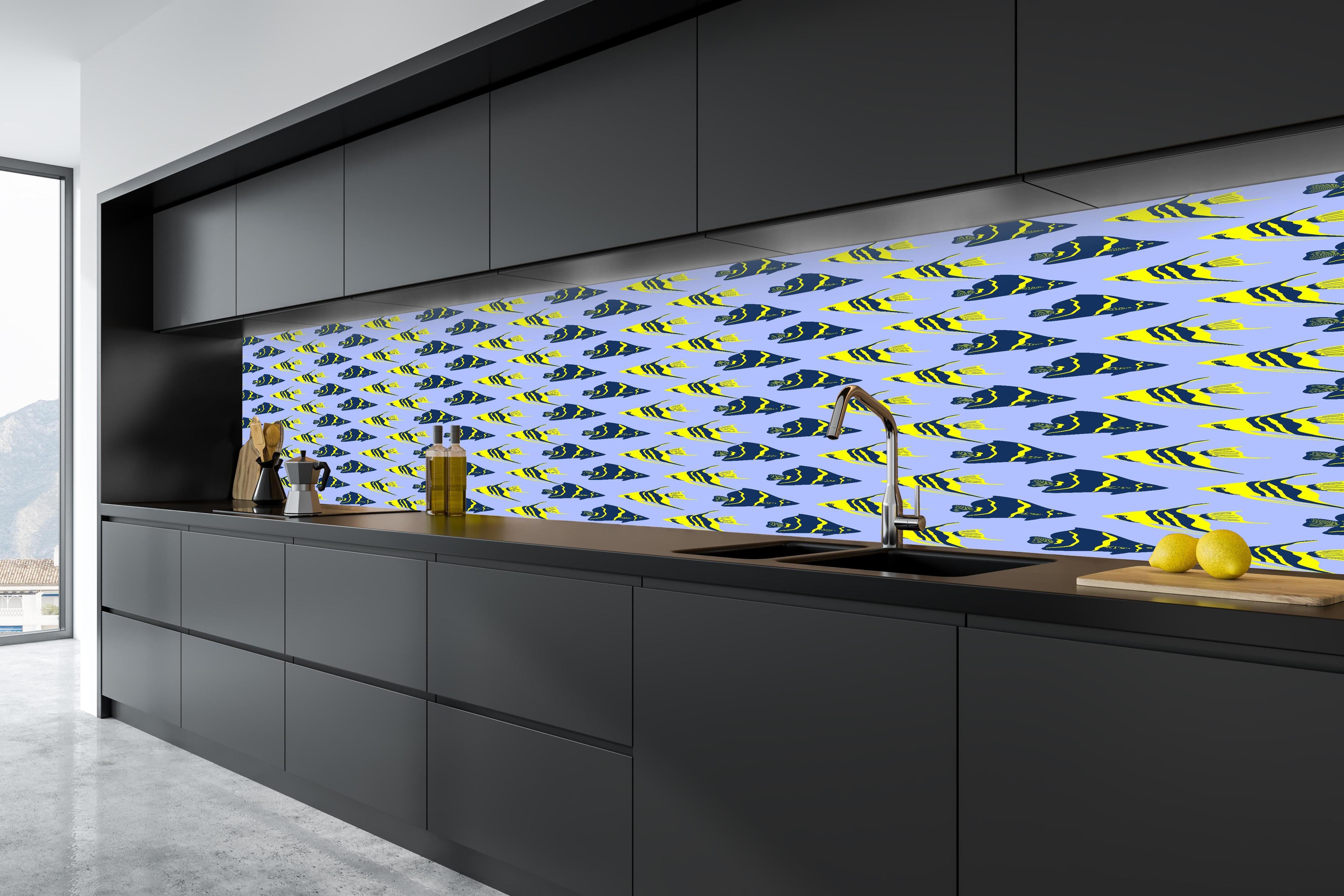 Küche - Neon-Fischmuster Blau Gelb in tiefschwarzer matt-premium Einbauküche