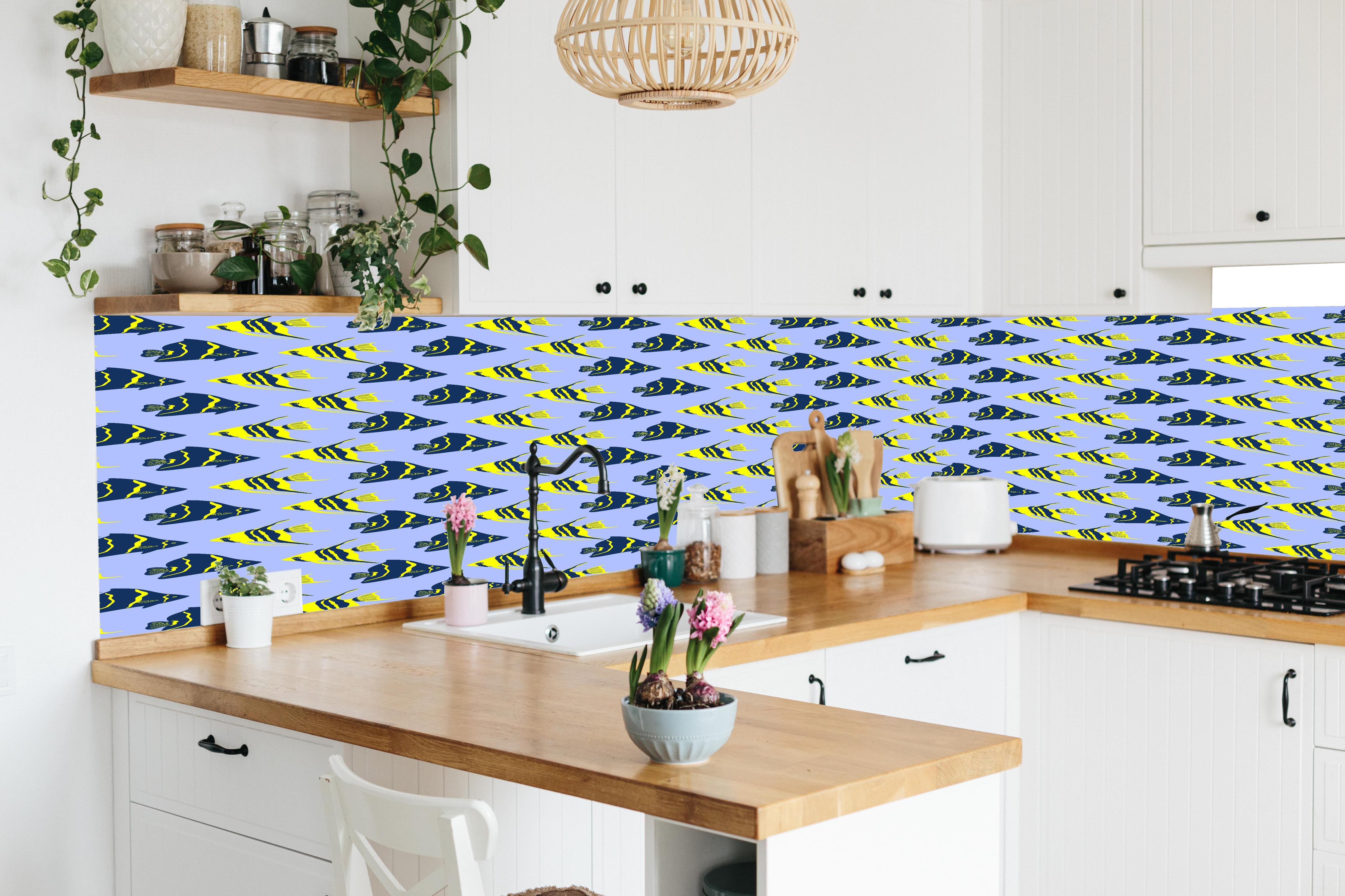 Küche - Neon-Fischmuster Blau Gelb in lebendiger Küche mit bunten Blumen