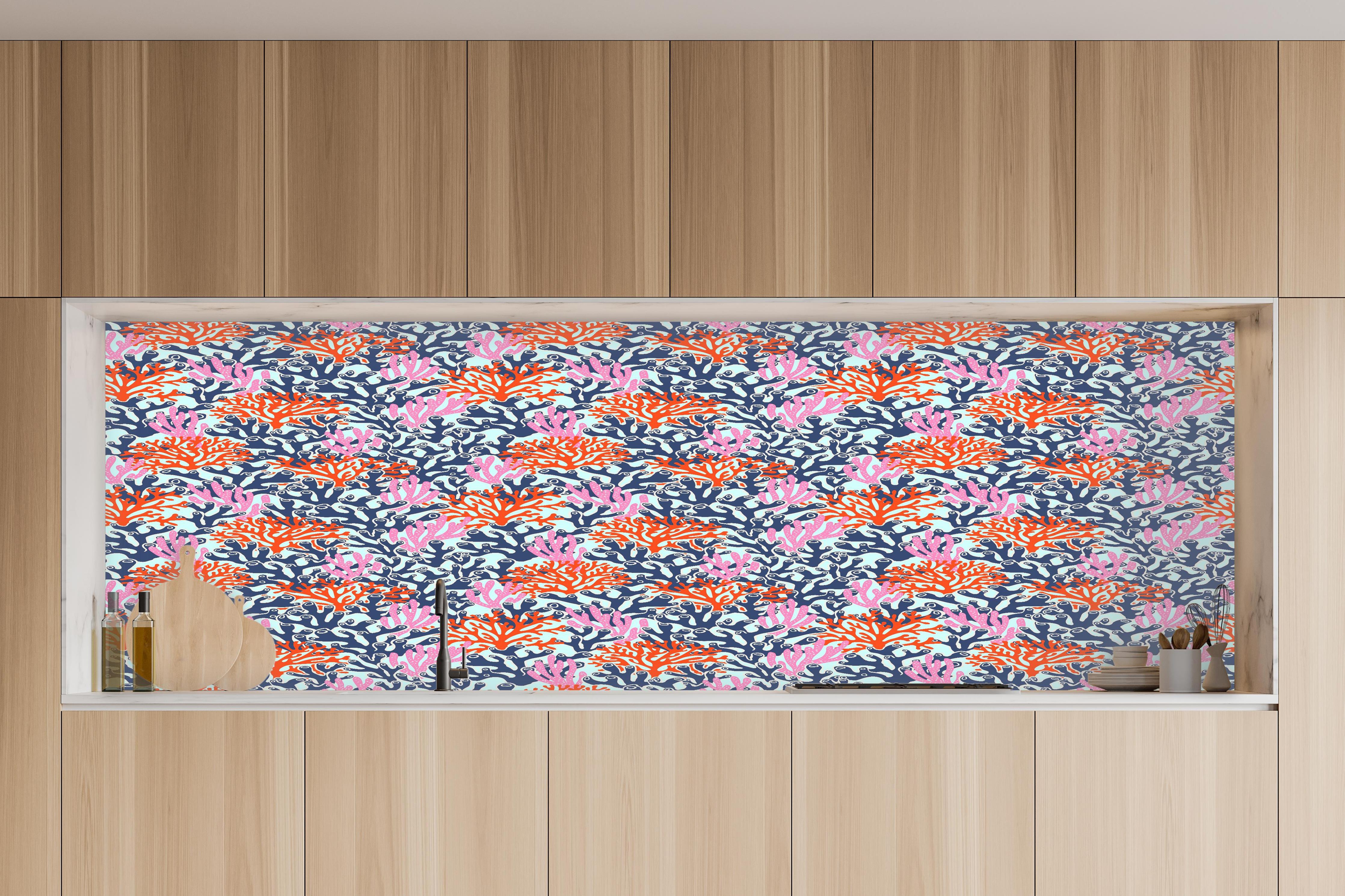 Küche - Neon-Korallen Blau Orange Pink in charakteristischer Vollholz-Küche mit modernem Gasherd