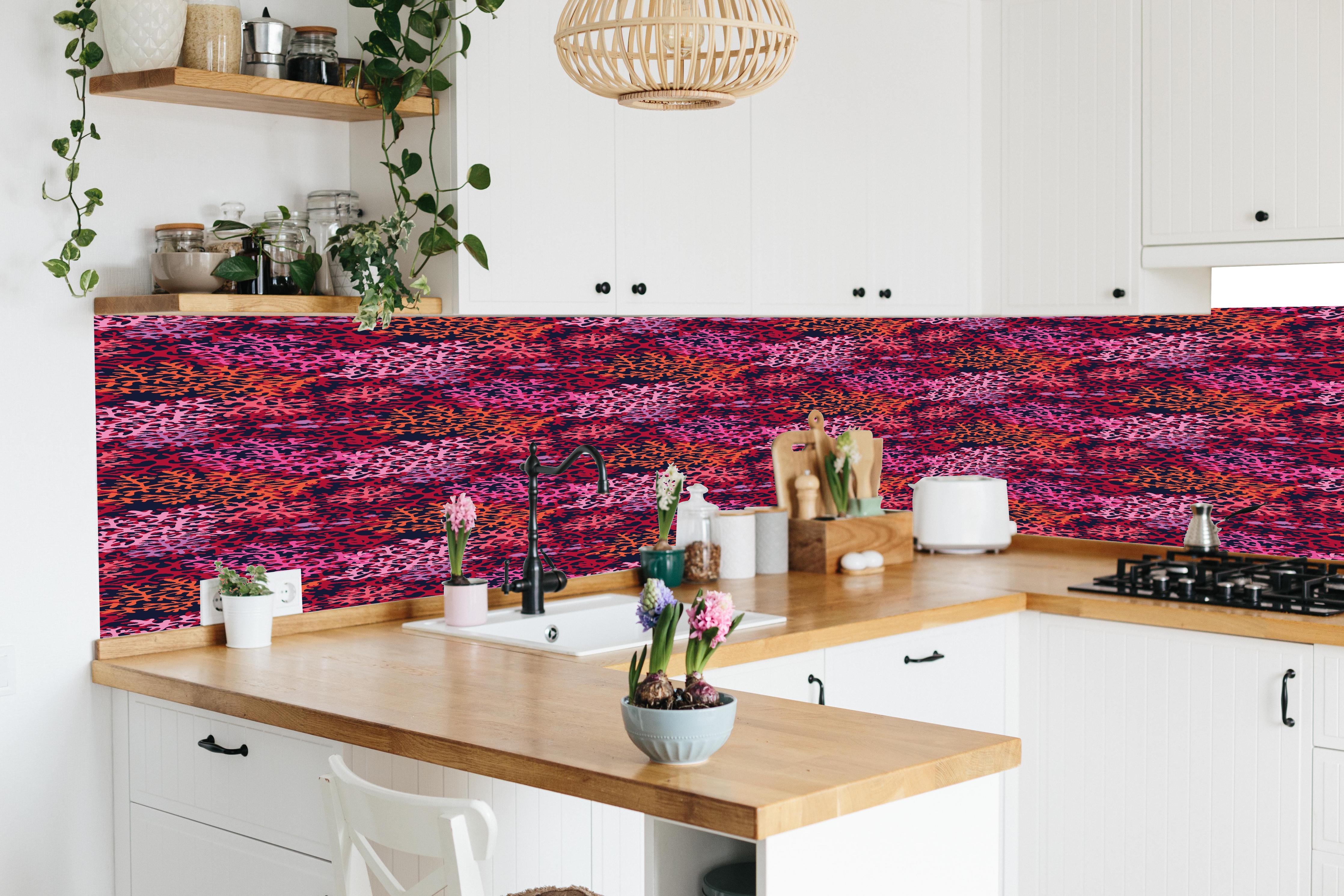 Küche - Neon-Korallen Pink Muster in lebendiger Küche mit bunten Blumen