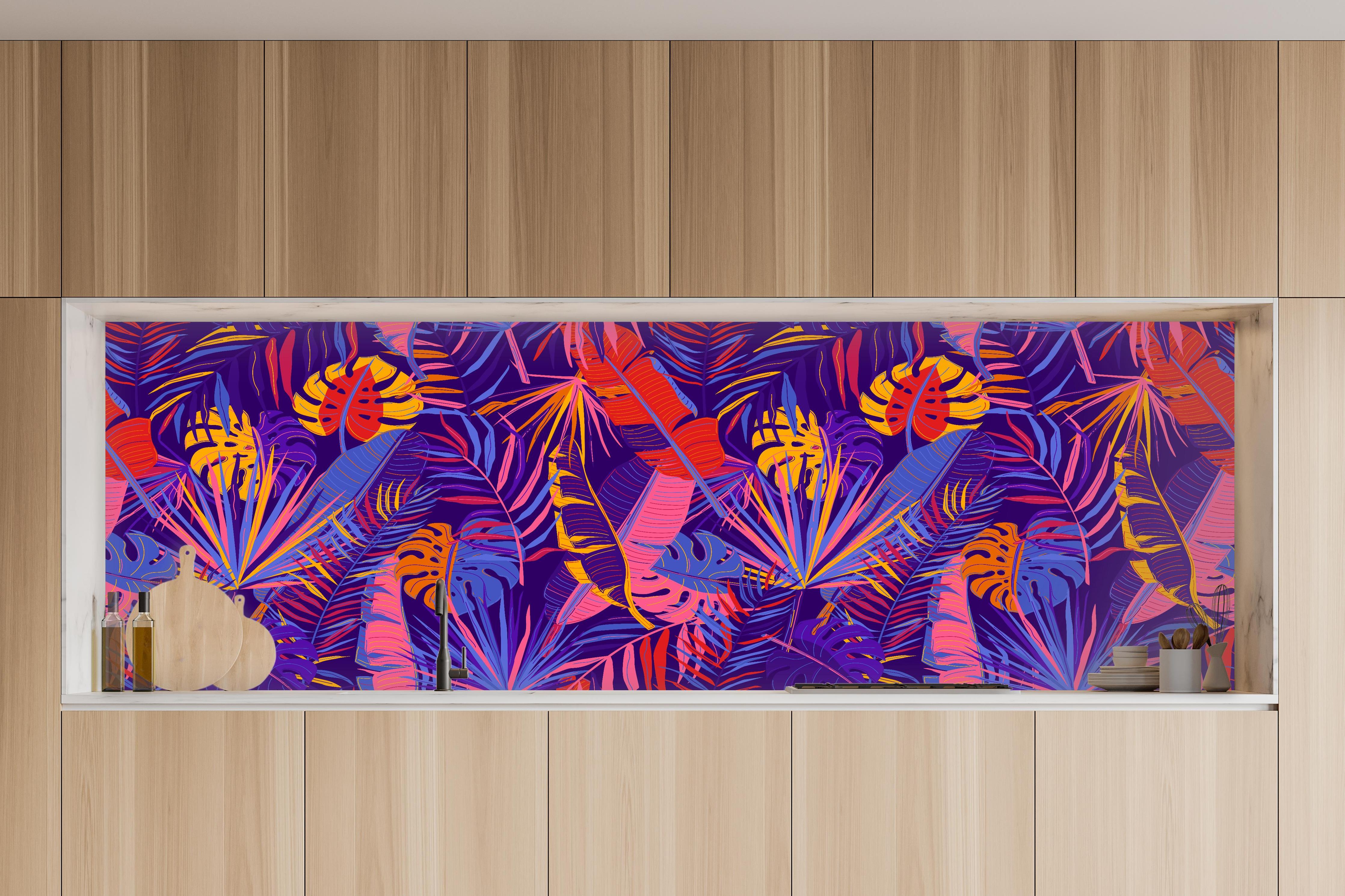 Küche - Neon Tropenblätter Muster in charakteristischer Vollholz-Küche mit modernem Gasherd