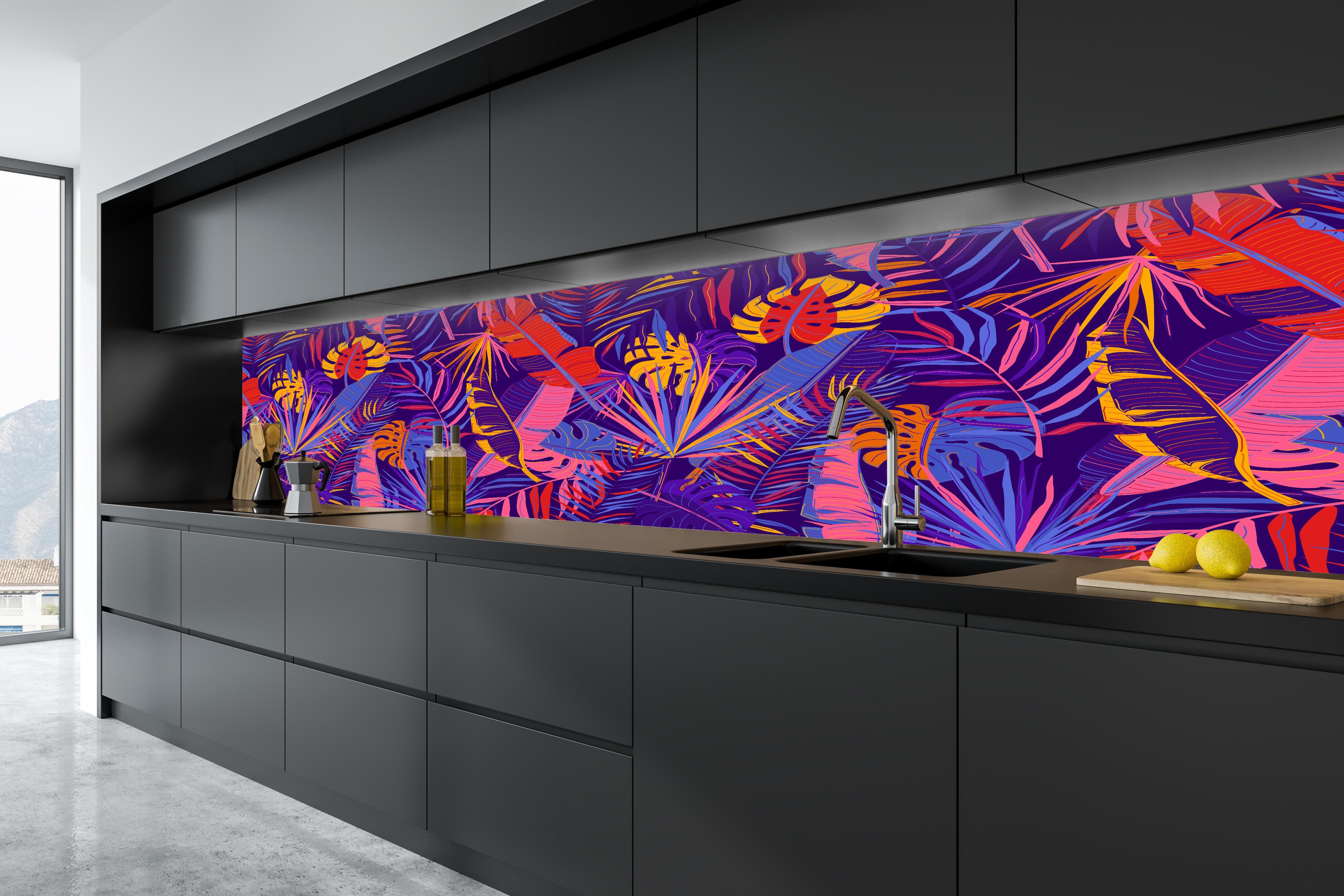 Küche - Neon Tropenblätter Muster in tiefschwarzer matt-premium Einbauküche