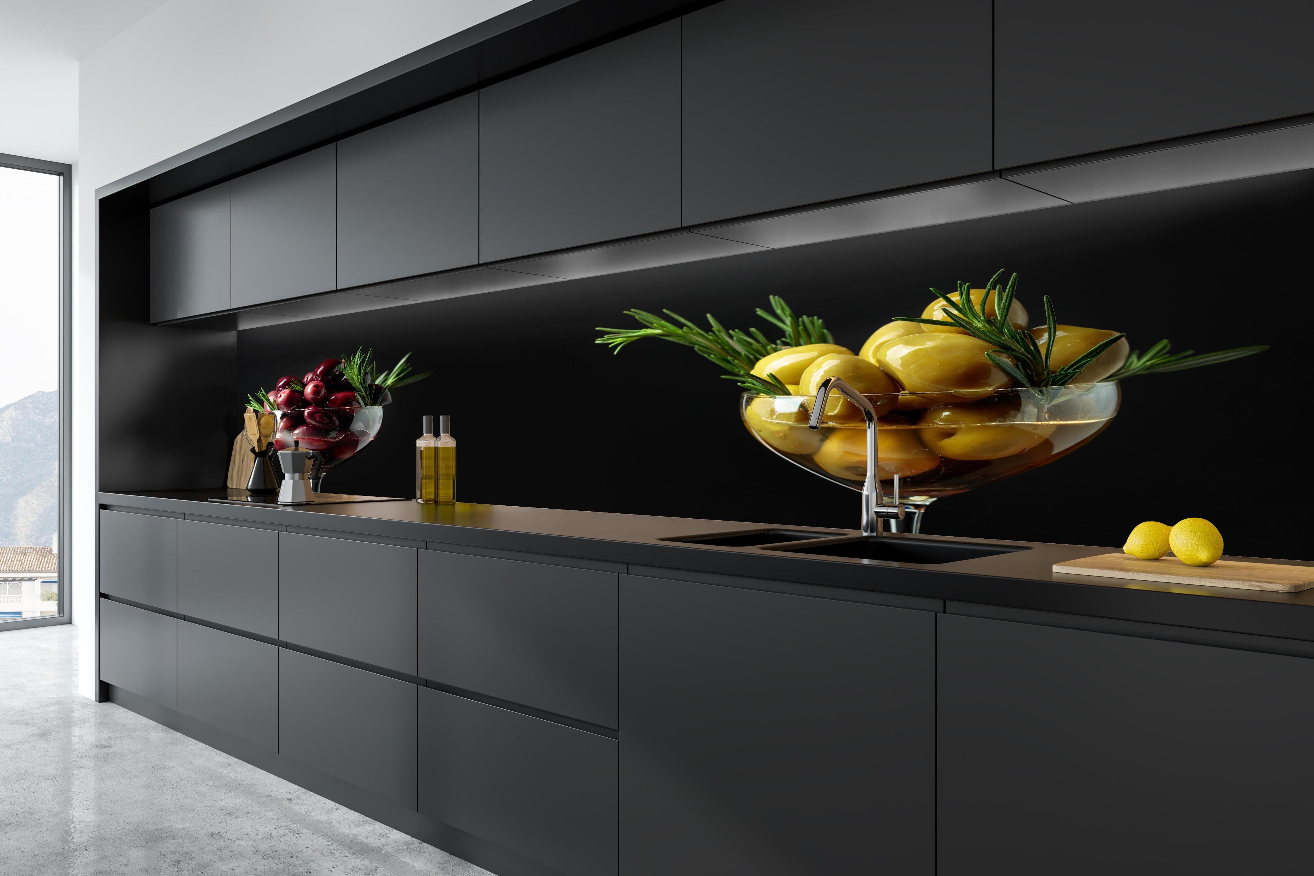 Küche - Oliven-Duo Rot und Gelb in tiefschwarzer matt-premium Einbauküche