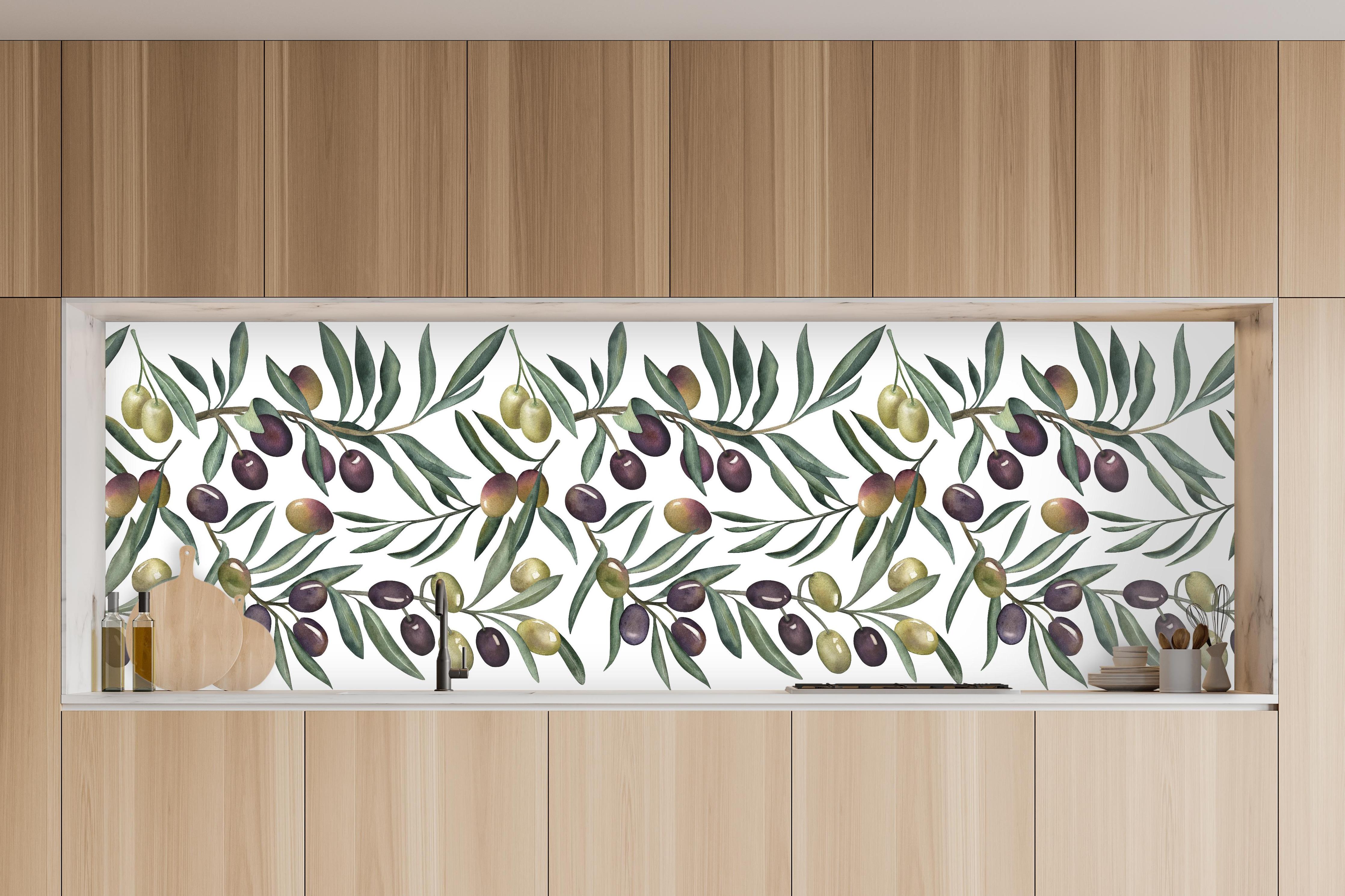 Küche - Olivenzweige Aquarell-Muster in charakteristischer Vollholz-Küche mit modernem Gasherd