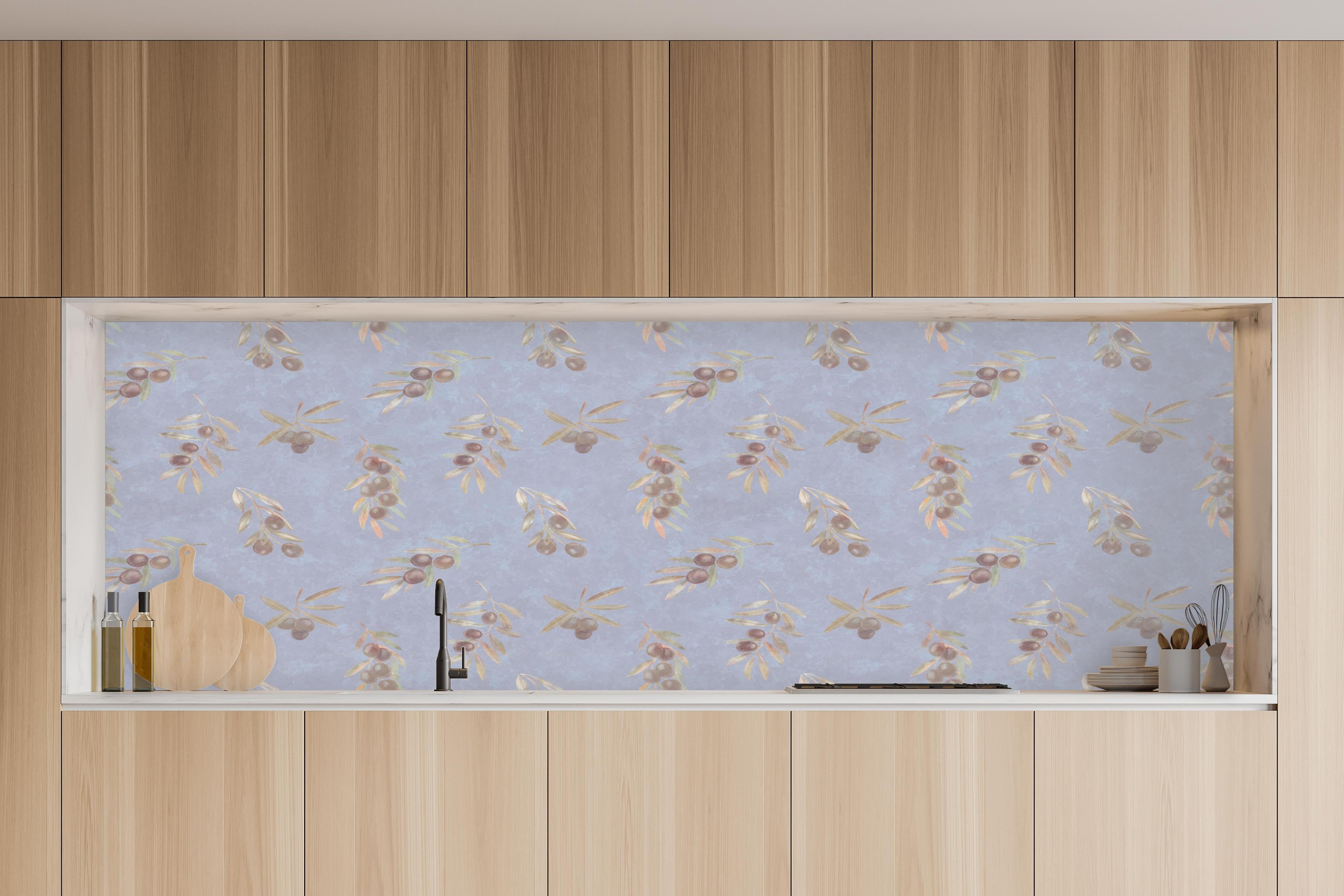 Küche - Olivenzweige-Muster Hellblau in charakteristischer Vollholz-Küche mit modernem Gasherd