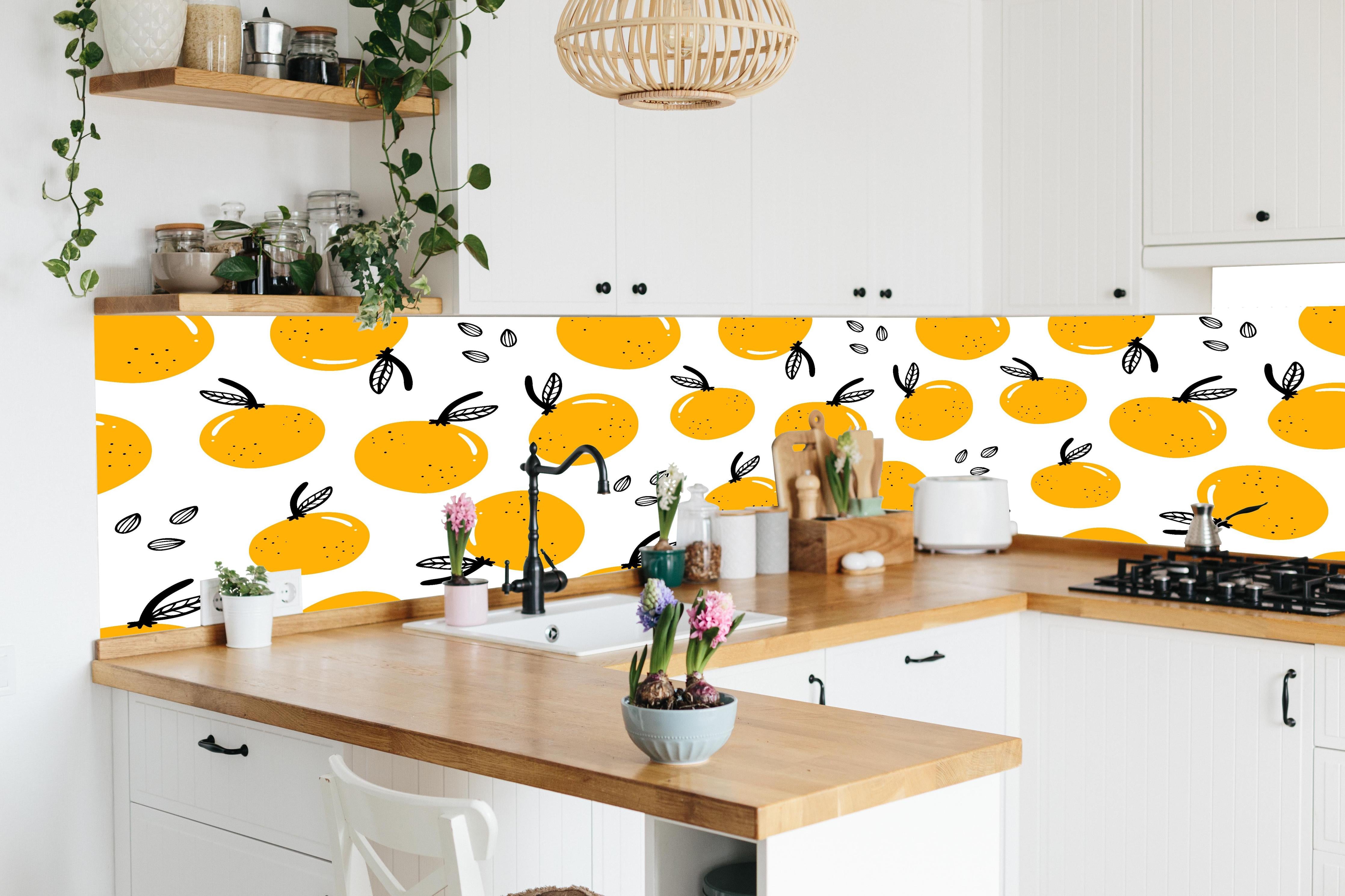 Küche - Orange Drops Citrus-Muster in lebendiger Küche mit bunten Blumen