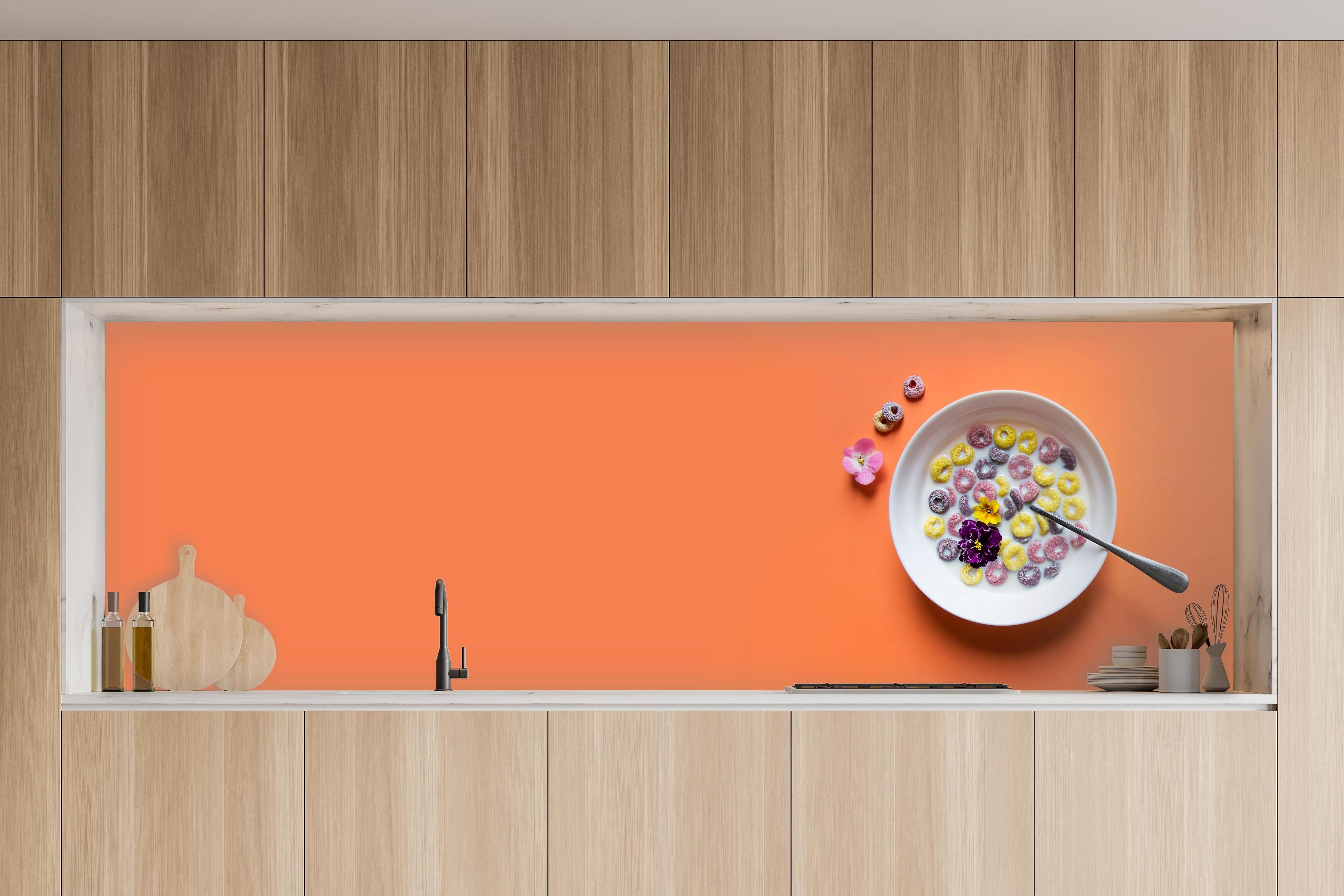 Küche - Orange Frühstücks-Bowl in charakteristischer Vollholz-Küche mit modernem Gasherd