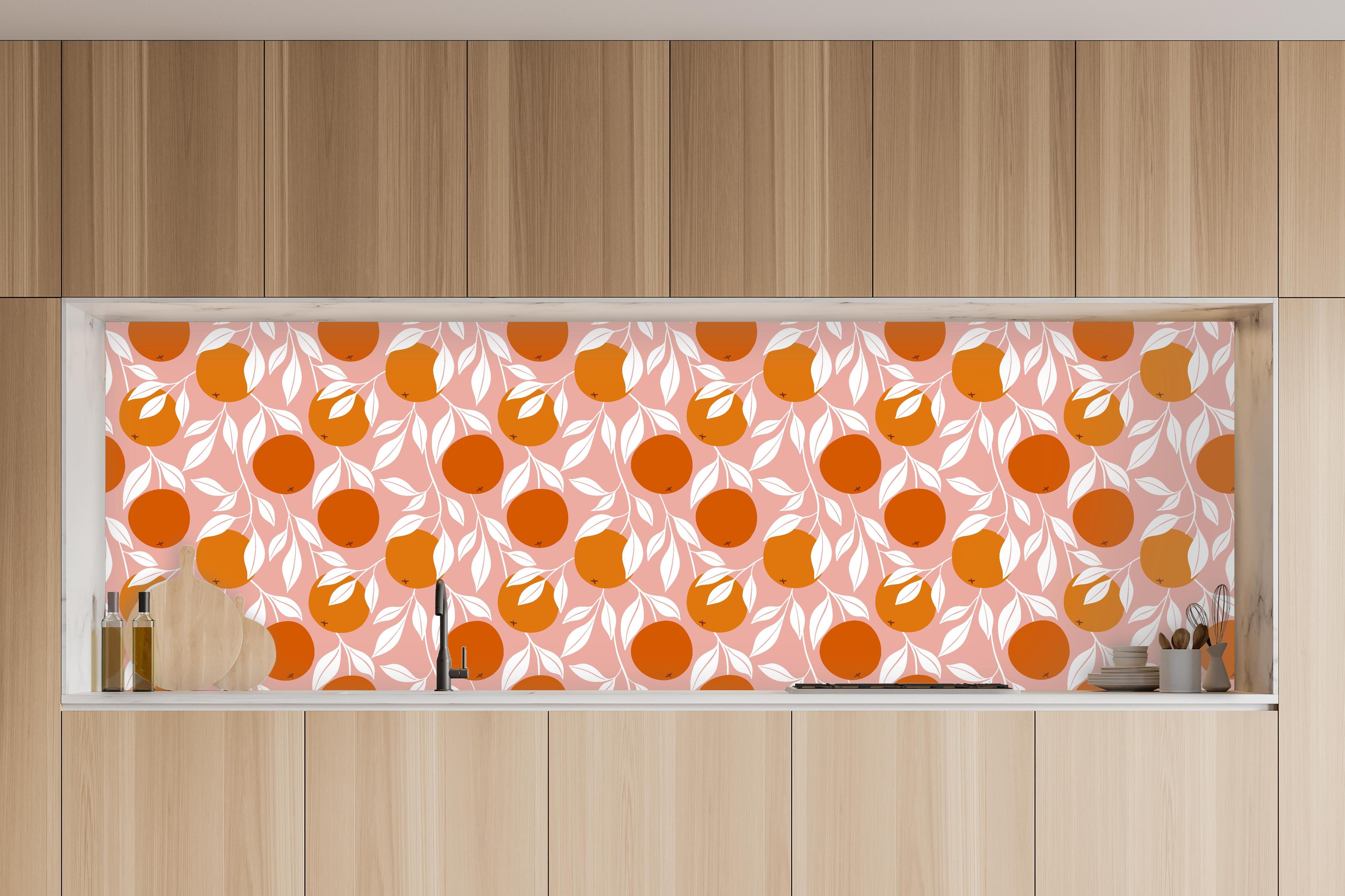 Küche - Orangenmuster Rosa-Orange in charakteristischer Vollholz-Küche mit modernem Gasherd