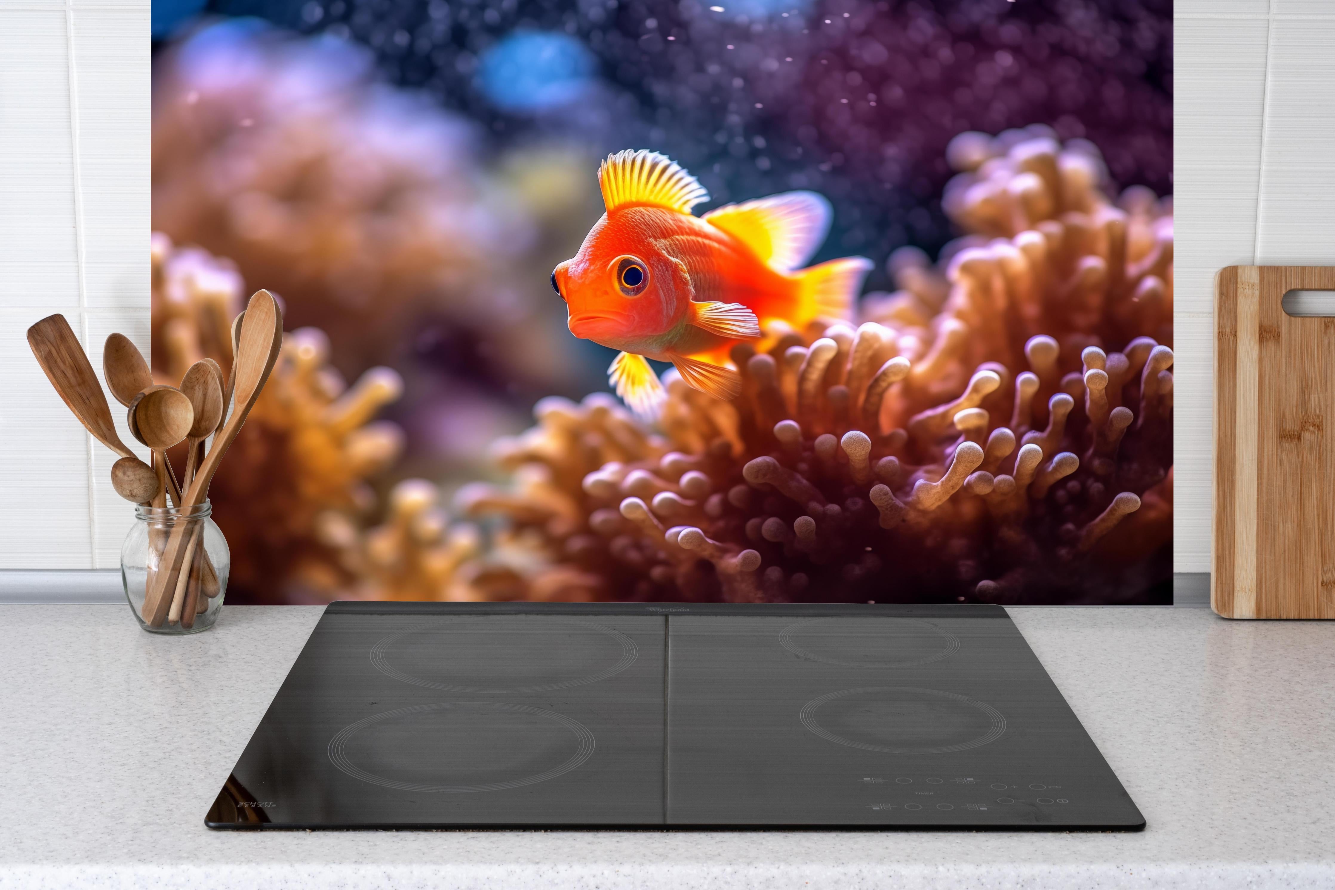 Küche - Oranger Anemonenfisch im Korallenriff hinter Cerankochfeld und Holz-Kochutensilien