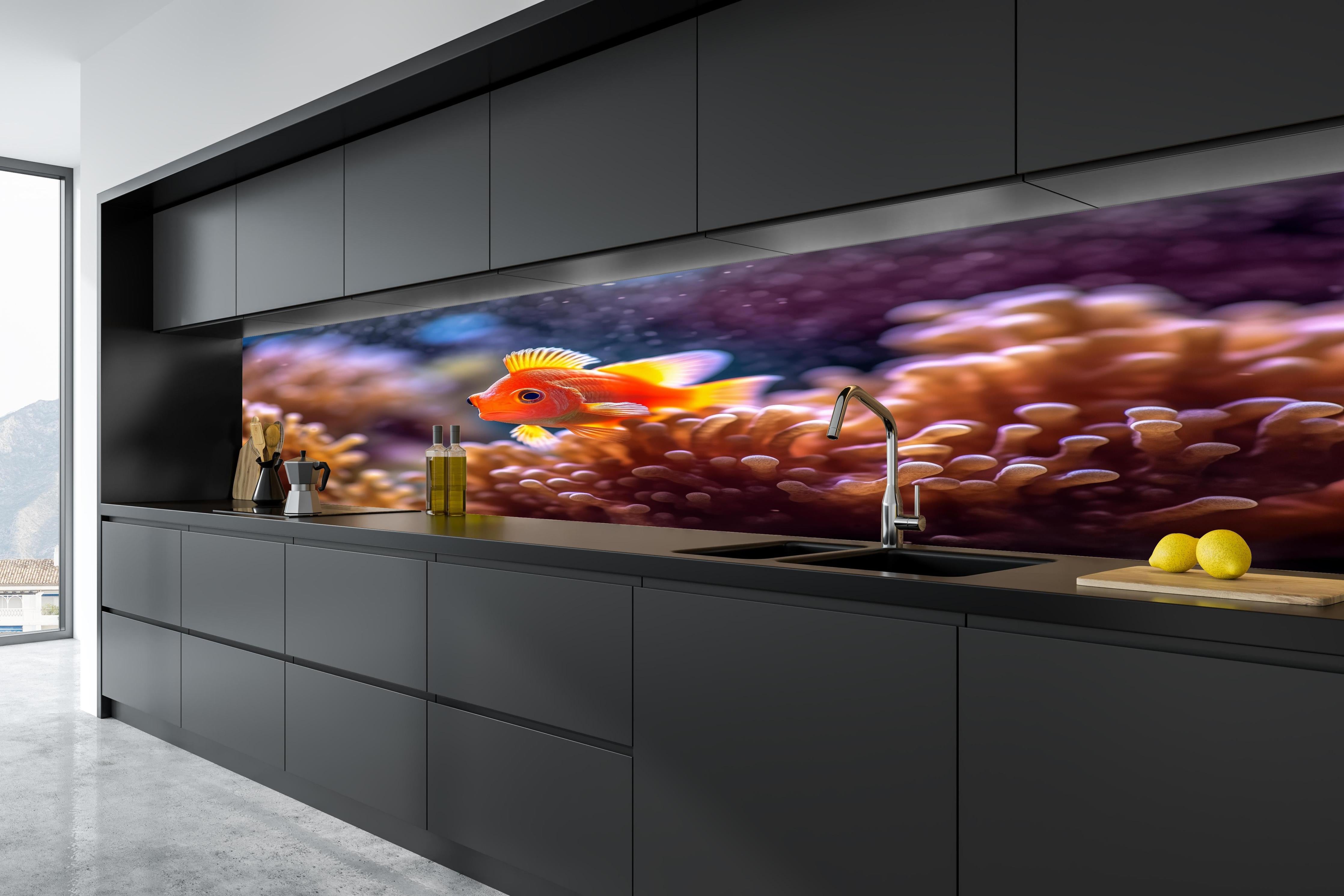 Küche - Oranger Anemonenfisch im Korallenriff in tiefschwarzer matt-premium Einbauküche