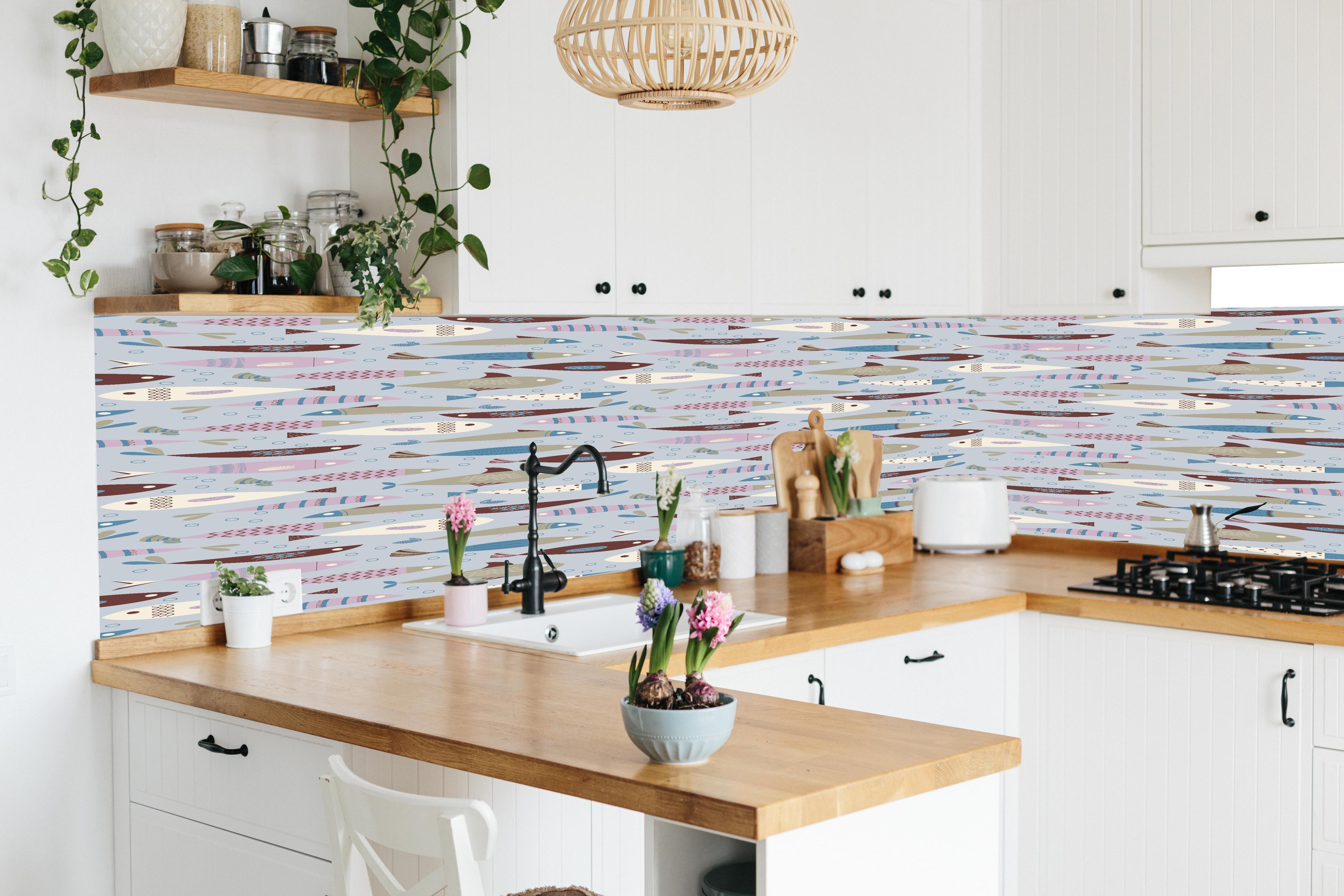 Küche - Pastell-Fischmuster Blau Beige in lebendiger Küche mit bunten Blumen