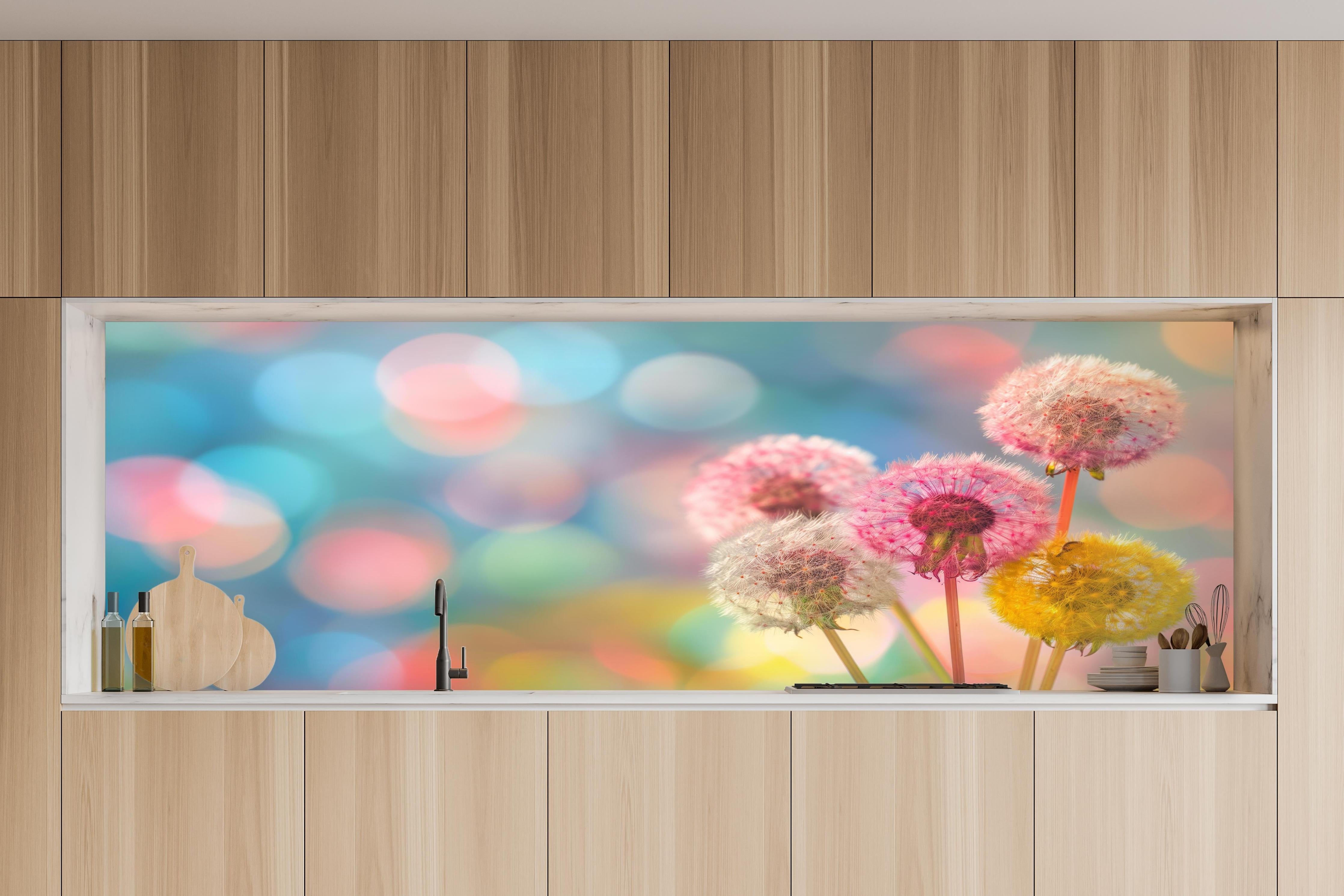 Küche - Pastell-Pusteblumen im Bokeh in charakteristischer Vollholz-Küche mit modernem Gasherd