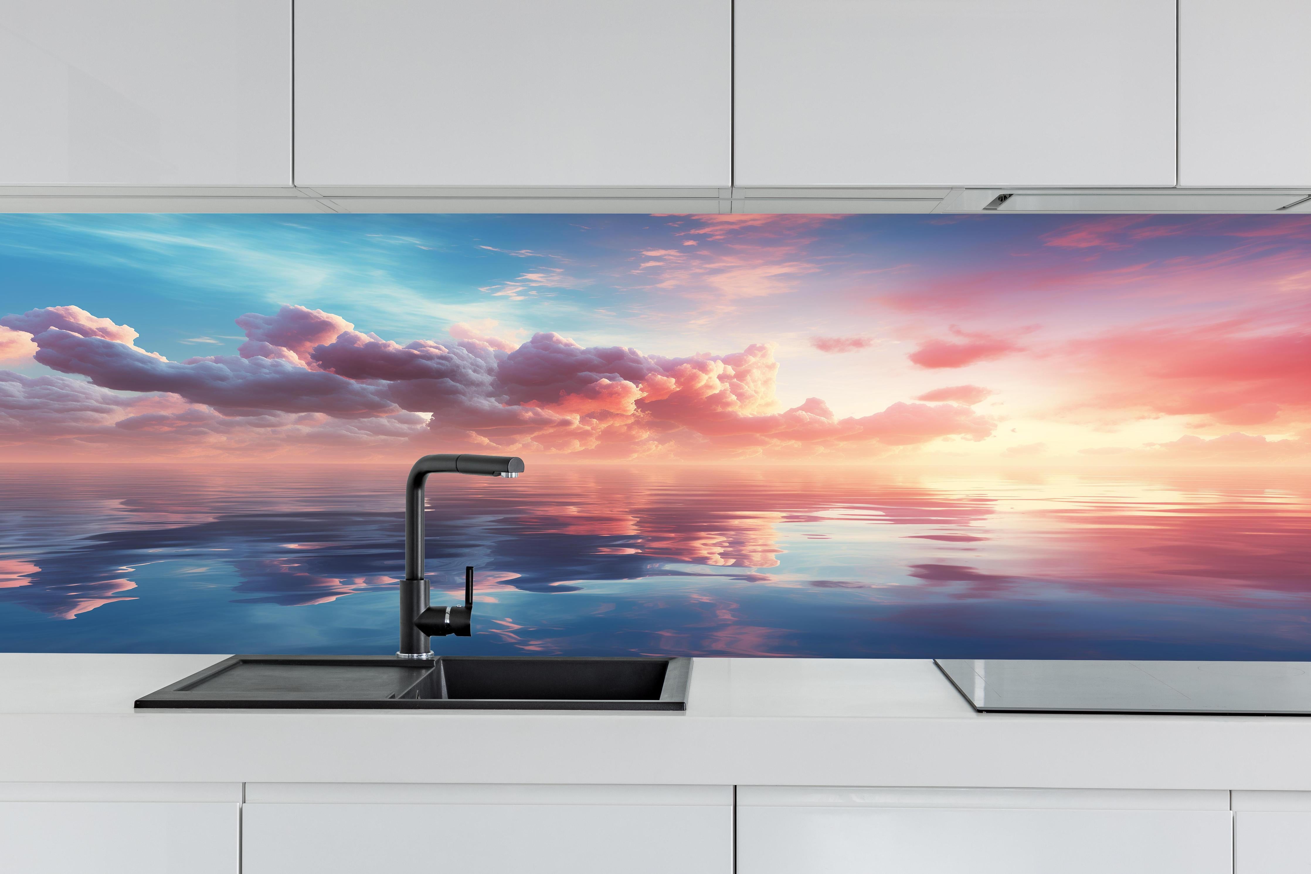 Küche - Pastell-Sonnenuntergang über Meer hinter weißen Hochglanz-Küchenregalen und schwarzem Wasserhahn