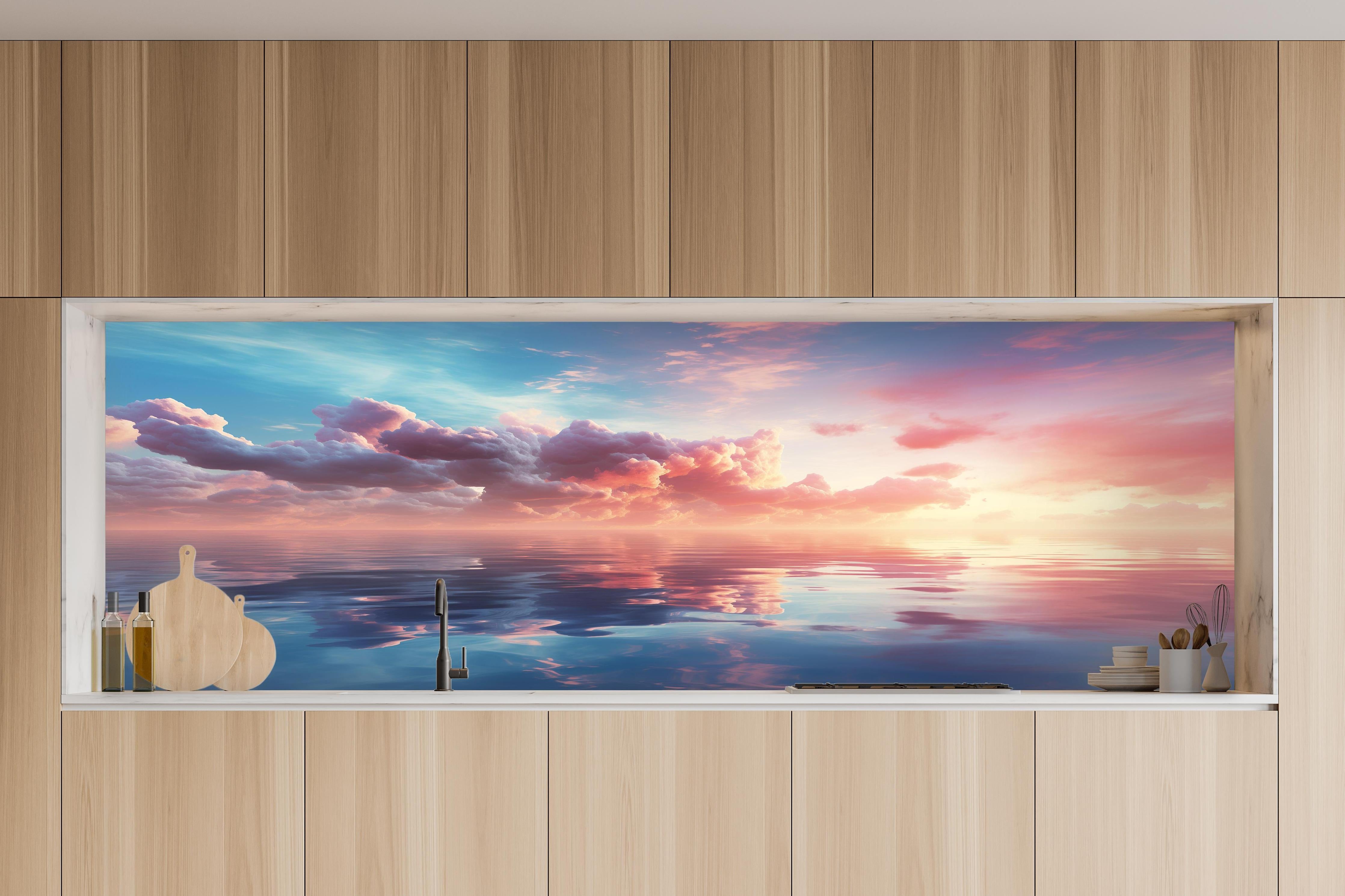 Küche - Pastell-Sonnenuntergang über Meer in charakteristischer Vollholz-Küche mit modernem Gasherd