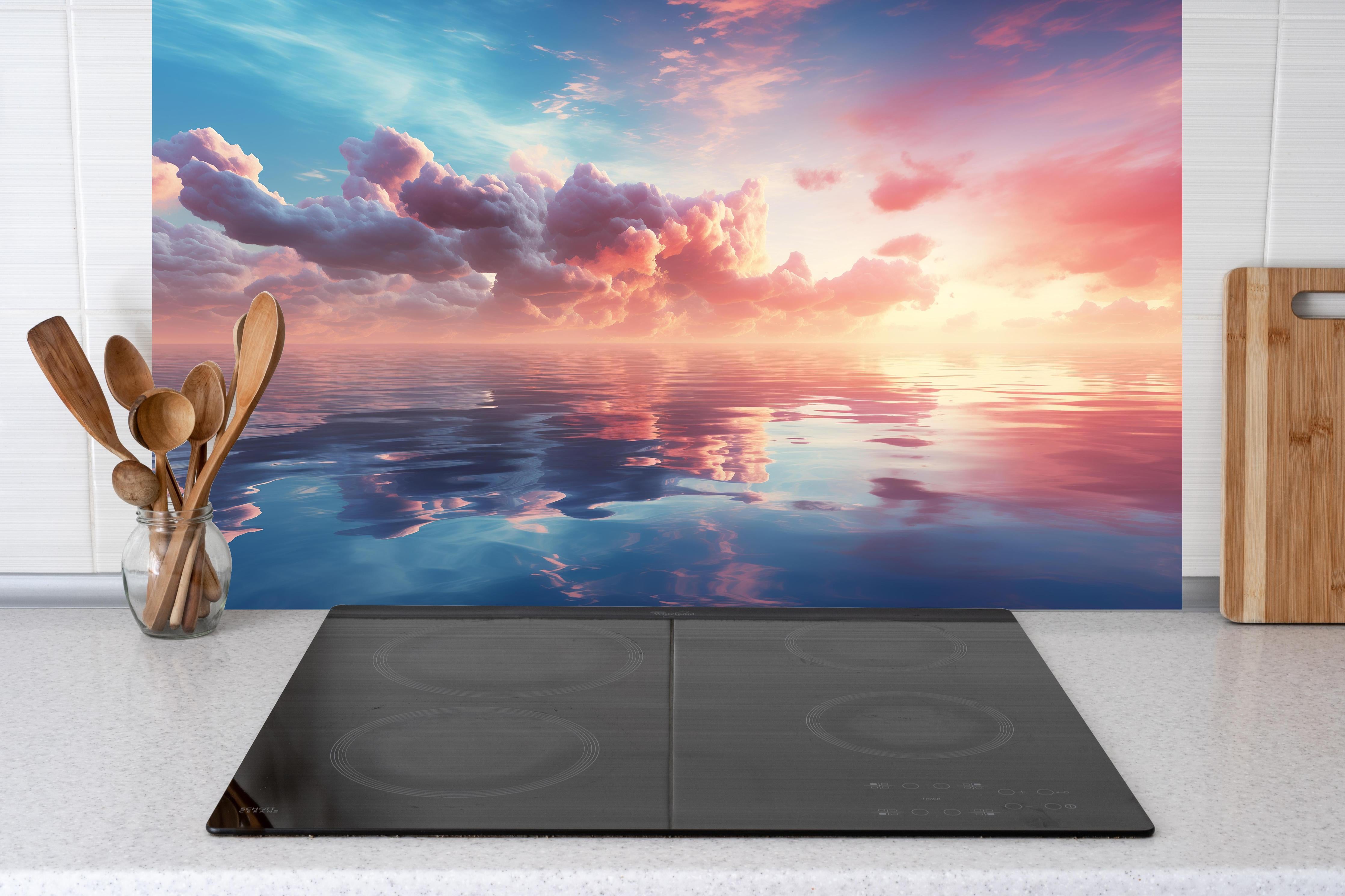 Küche - Pastell-Sonnenuntergang über Meer hinter Cerankochfeld und Holz-Kochutensilien