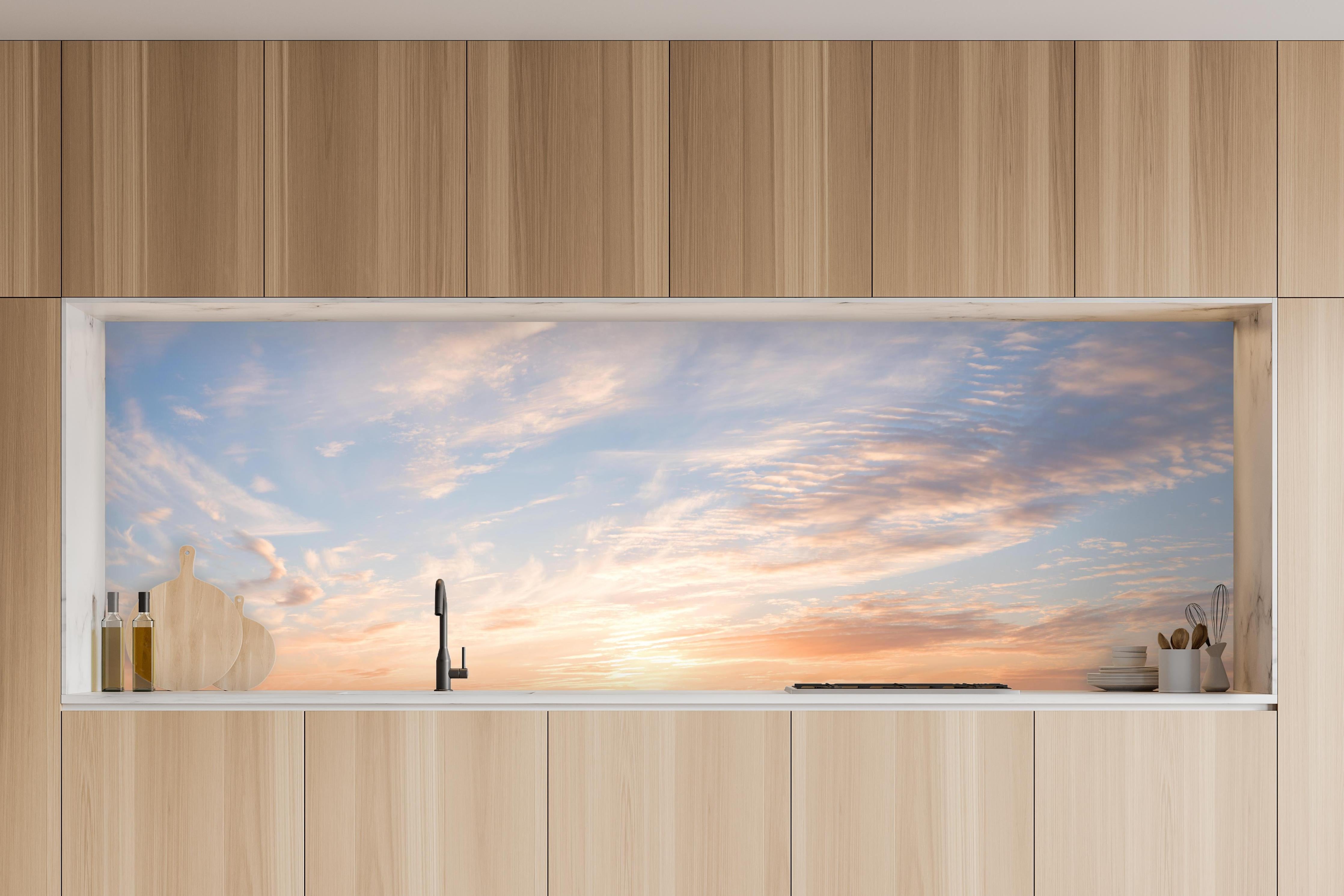 Küche - Pastellhimmel bei Sonnenuntergang in charakteristischer Vollholz-Küche mit modernem Gasherd