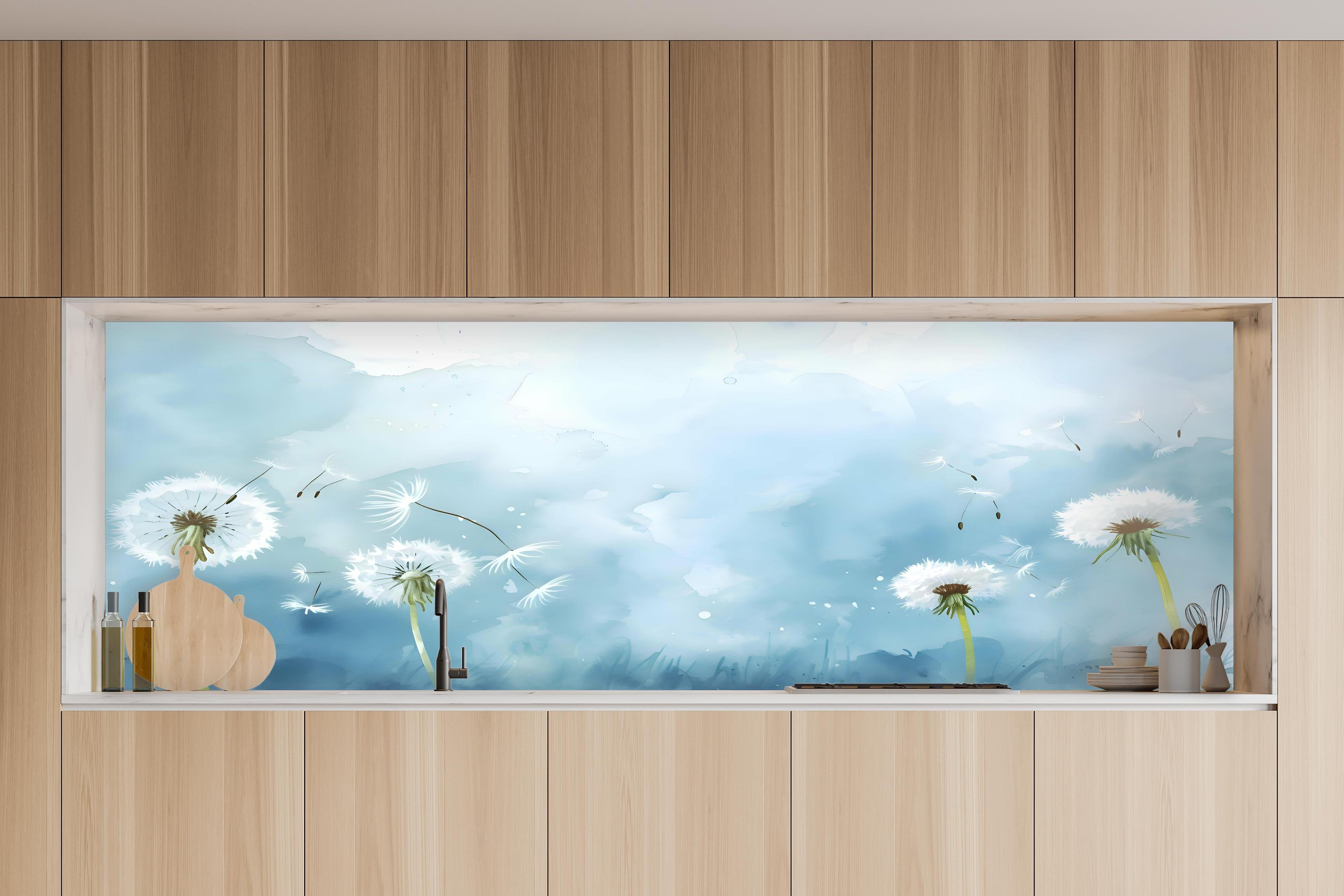 Küche - Pusteblumen Aquarell Blau-Weiß in charakteristischer Vollholz-Küche mit modernem Gasherd