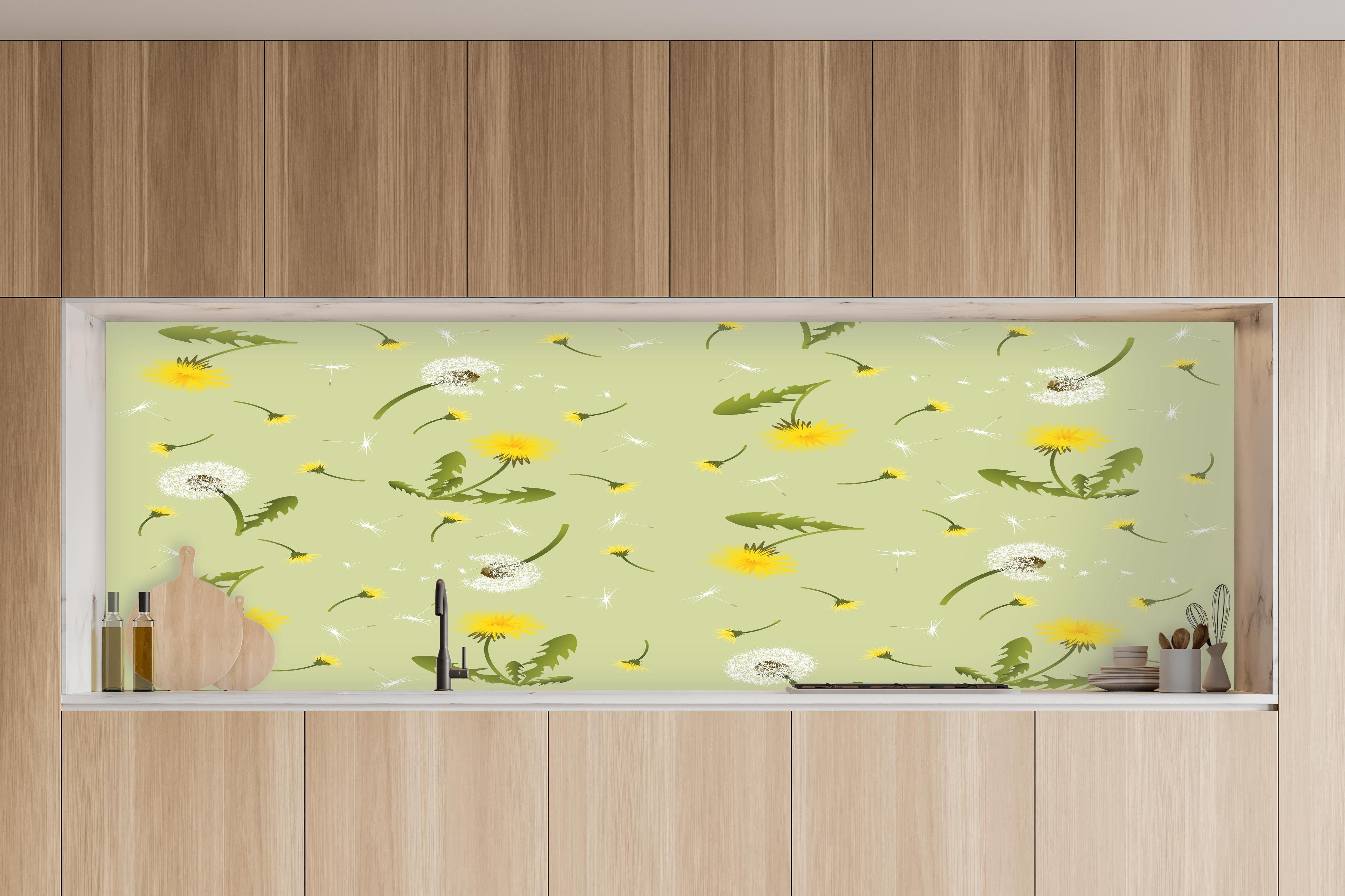 Küche - Pusteblumen Grün-Gelb Muster in charakteristischer Vollholz-Küche mit modernem Gasherd