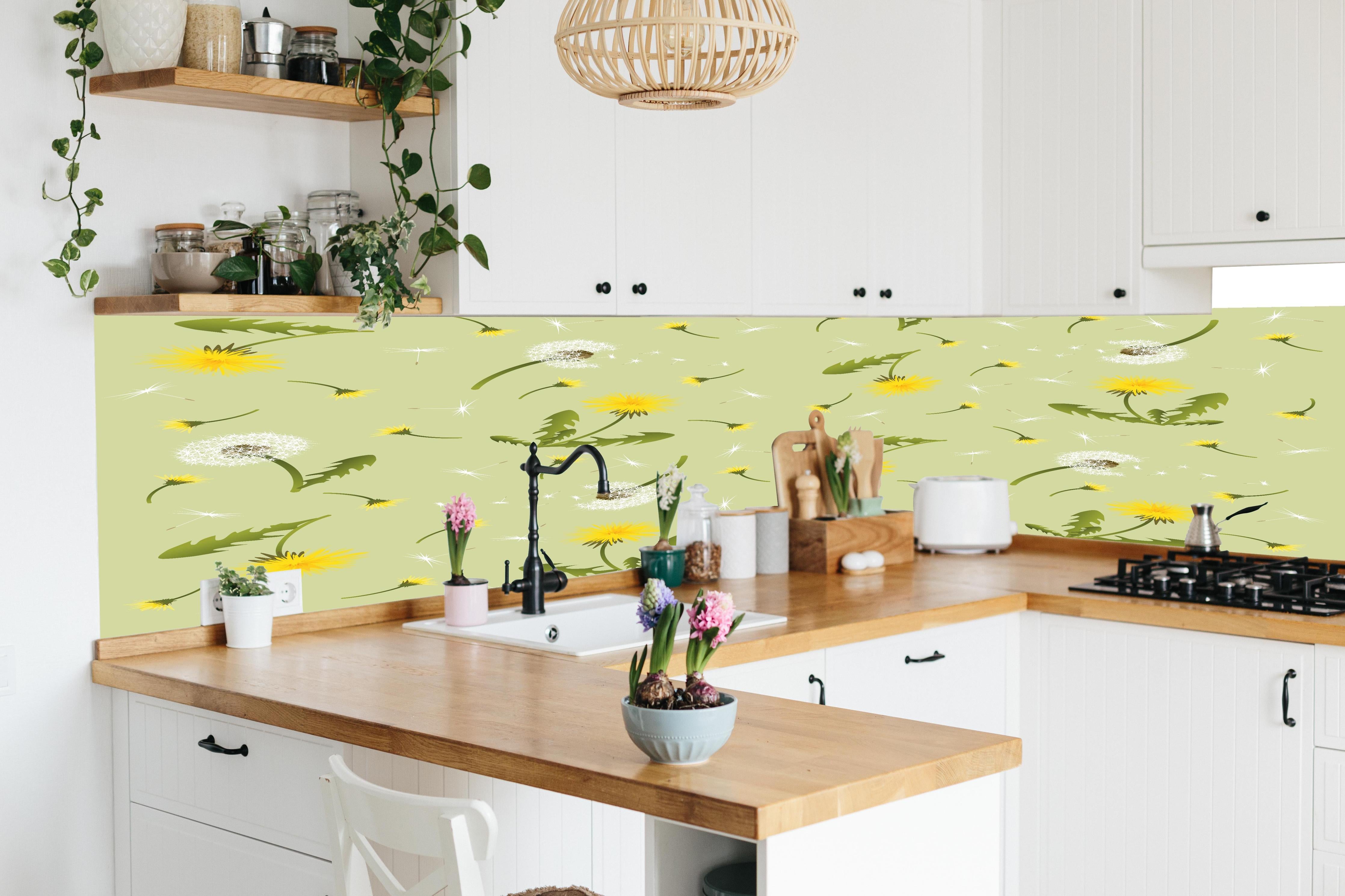 Küche - Pusteblumen Grün-Gelb Muster in lebendiger Küche mit bunten Blumen