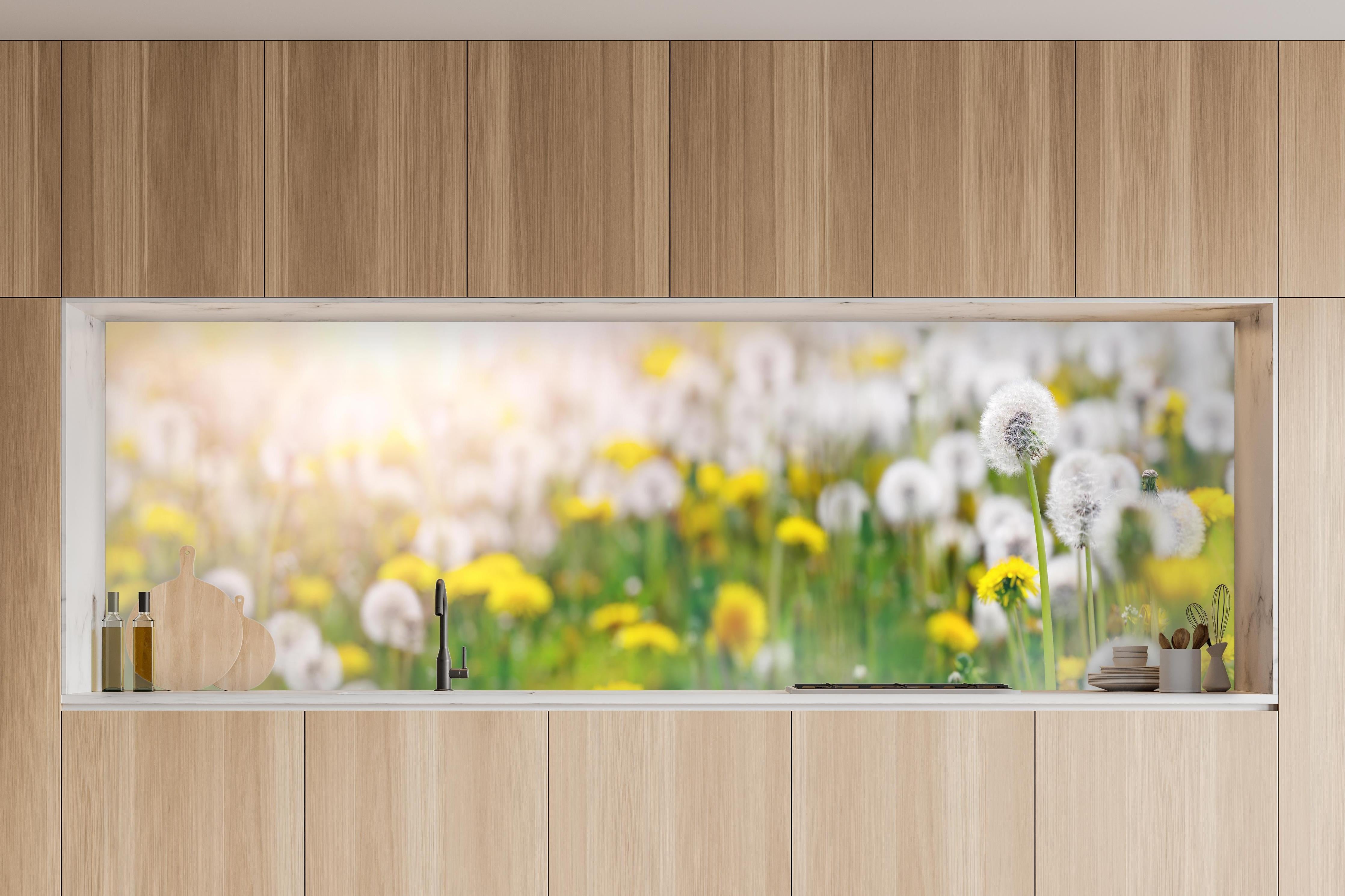 Küche - Pusteblumen-Wiese Gelb Weiß in charakteristischer Vollholz-Küche mit modernem Gasherd