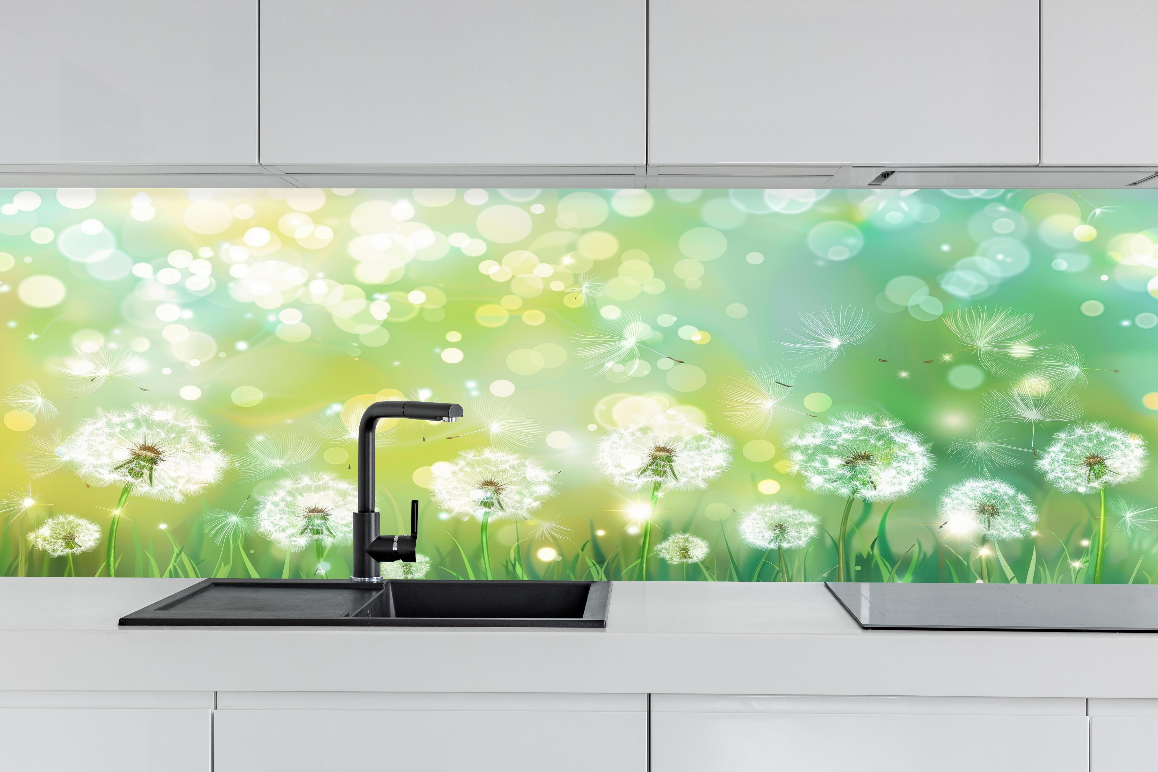 Küche - Pusteblumen im Frühlingsgrün hinter weißen Hochglanz-Küchenregalen und schwarzem Wasserhahn