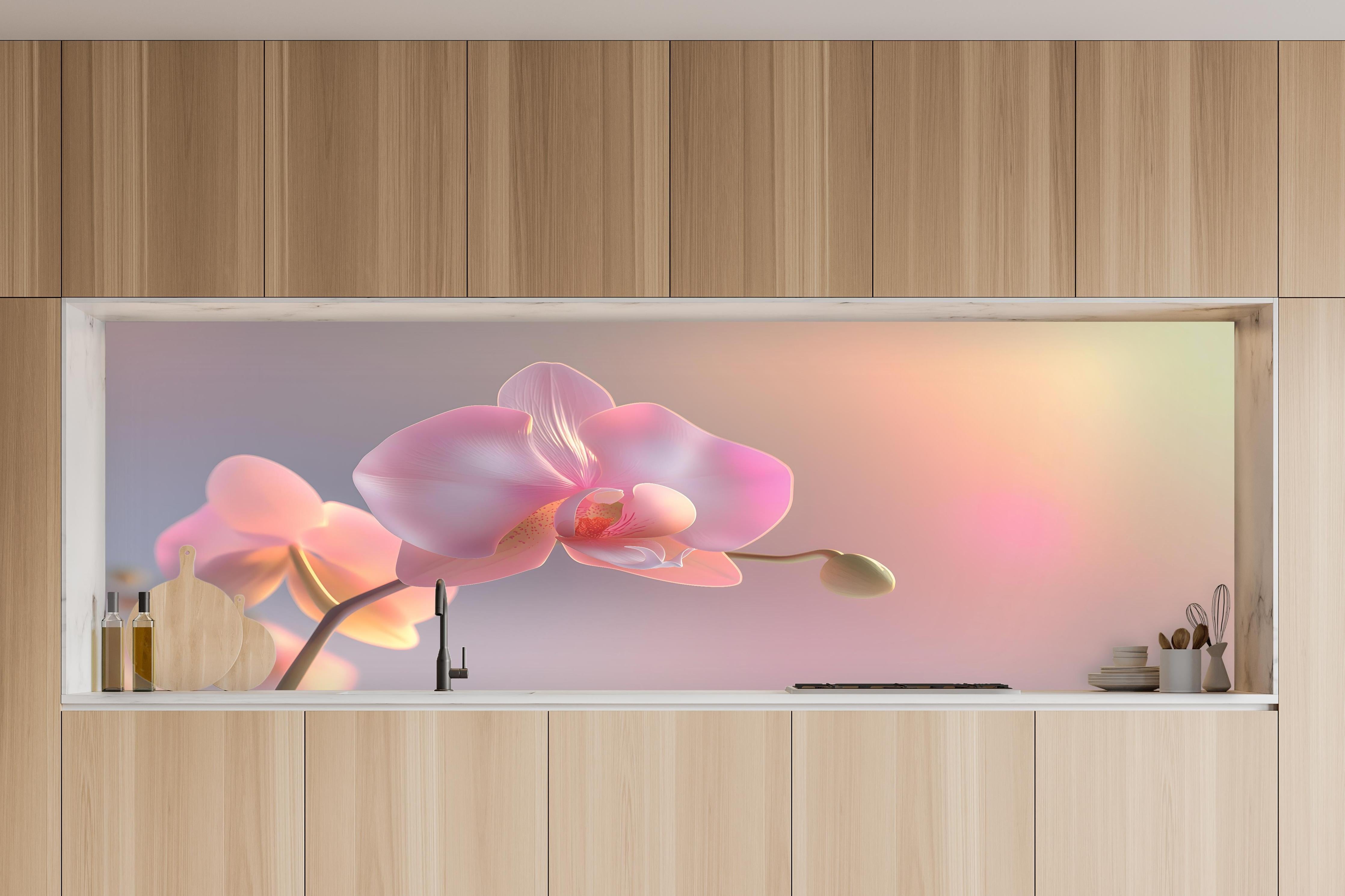 Küche - Rosa Orchidee Pastellhintergrund in charakteristischer Vollholz-Küche mit modernem Gasherd