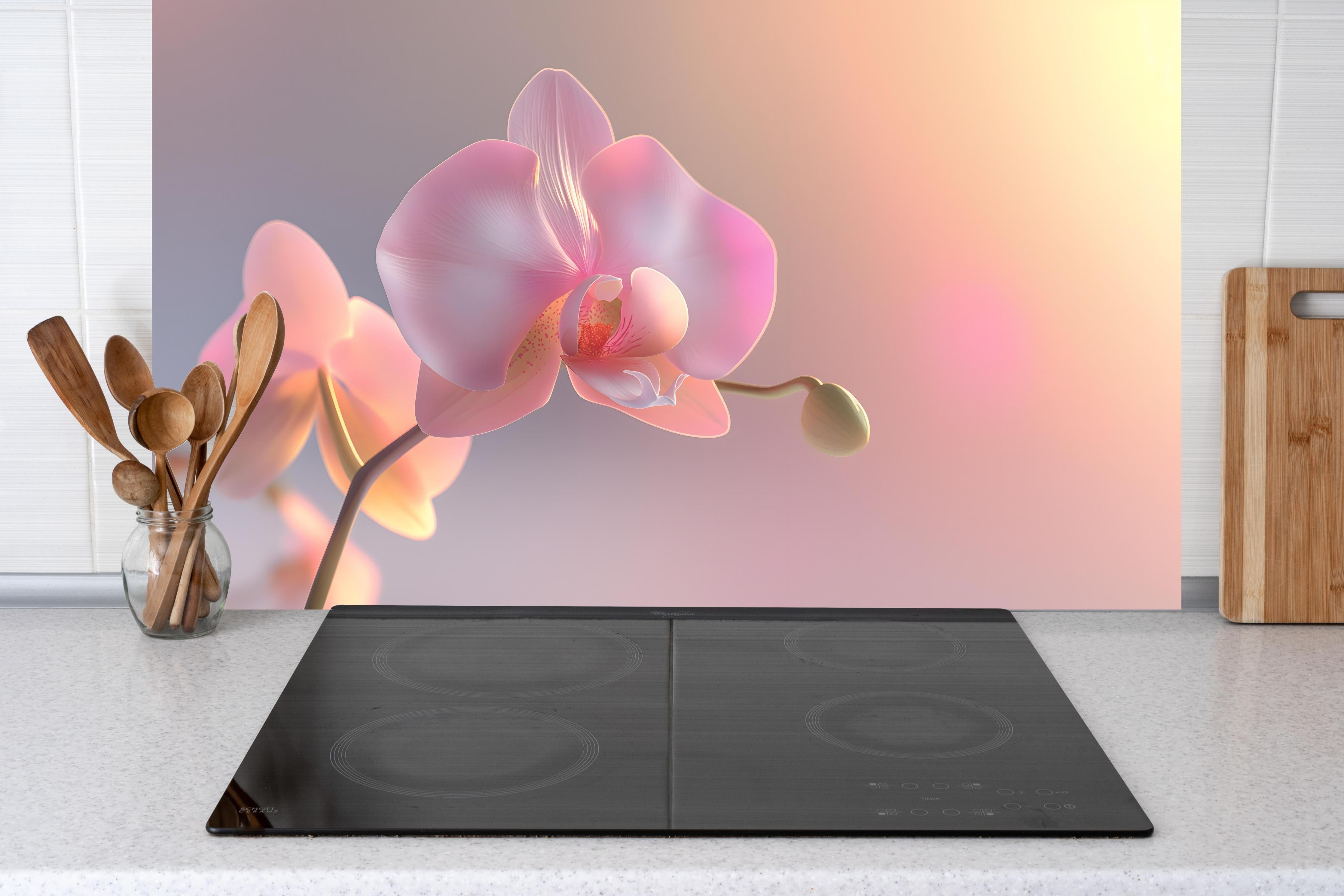 Küche - Rosa Orchidee Pastellhintergrund hinter Cerankochfeld und Holz-Kochutensilien