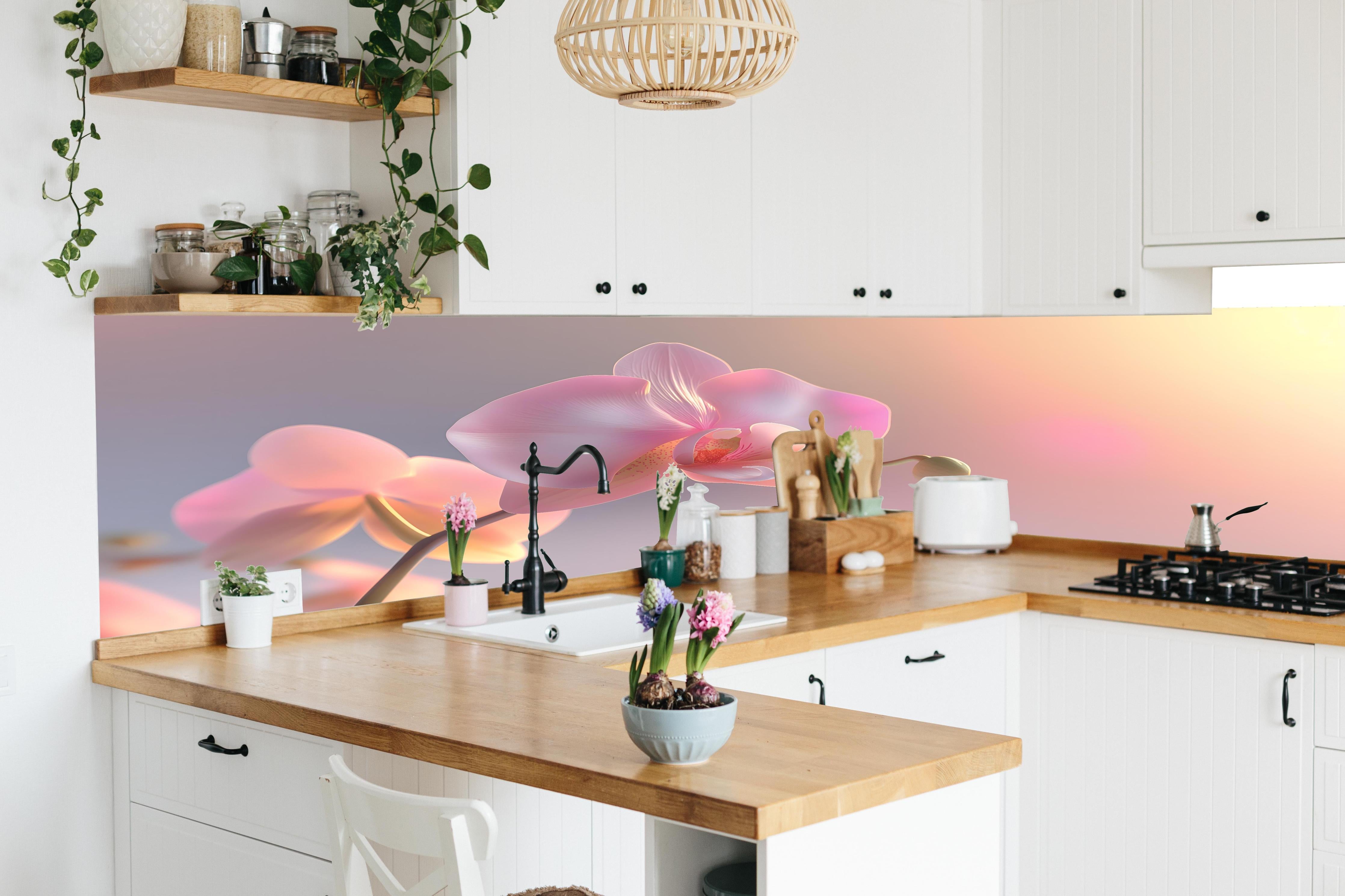 Küche - Rosa Orchidee Pastellhintergrund in lebendiger Küche mit bunten Blumen