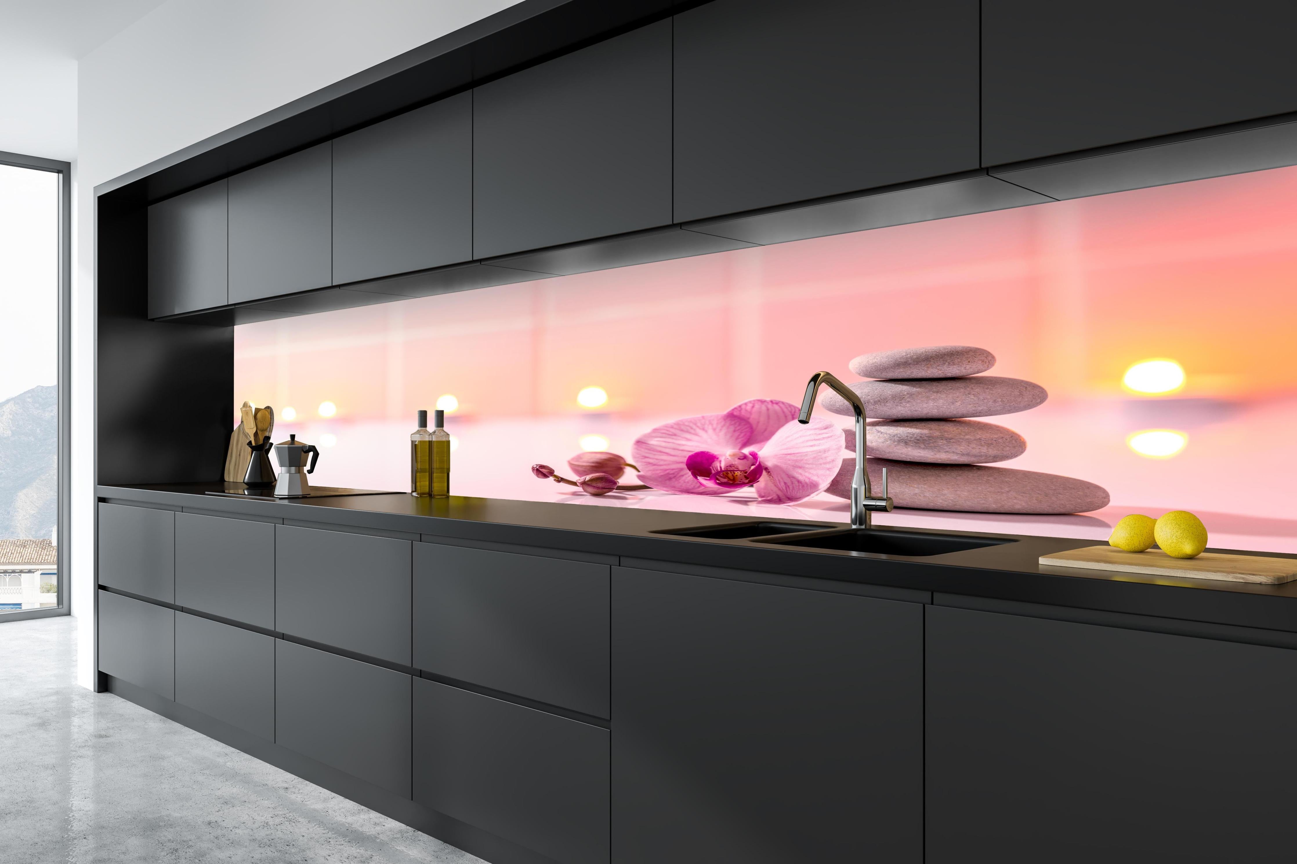 Küche - Rosa Orchidee mit Zen-Steinen in tiefschwarzer matt-premium Einbauküche