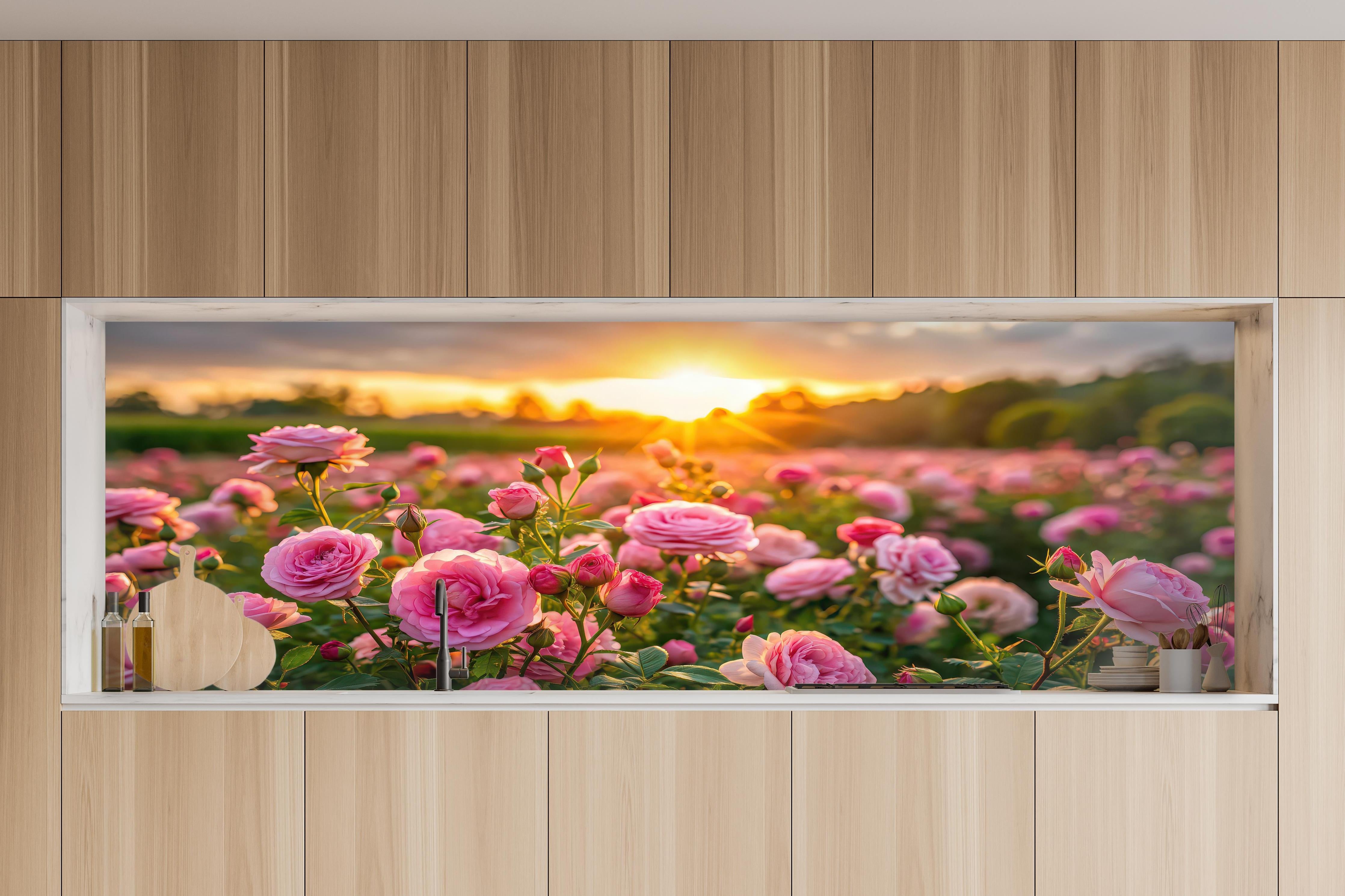 Küche - Rosenwiese bei Sonnenuntergang in charakteristischer Vollholz-Küche mit modernem Gasherd