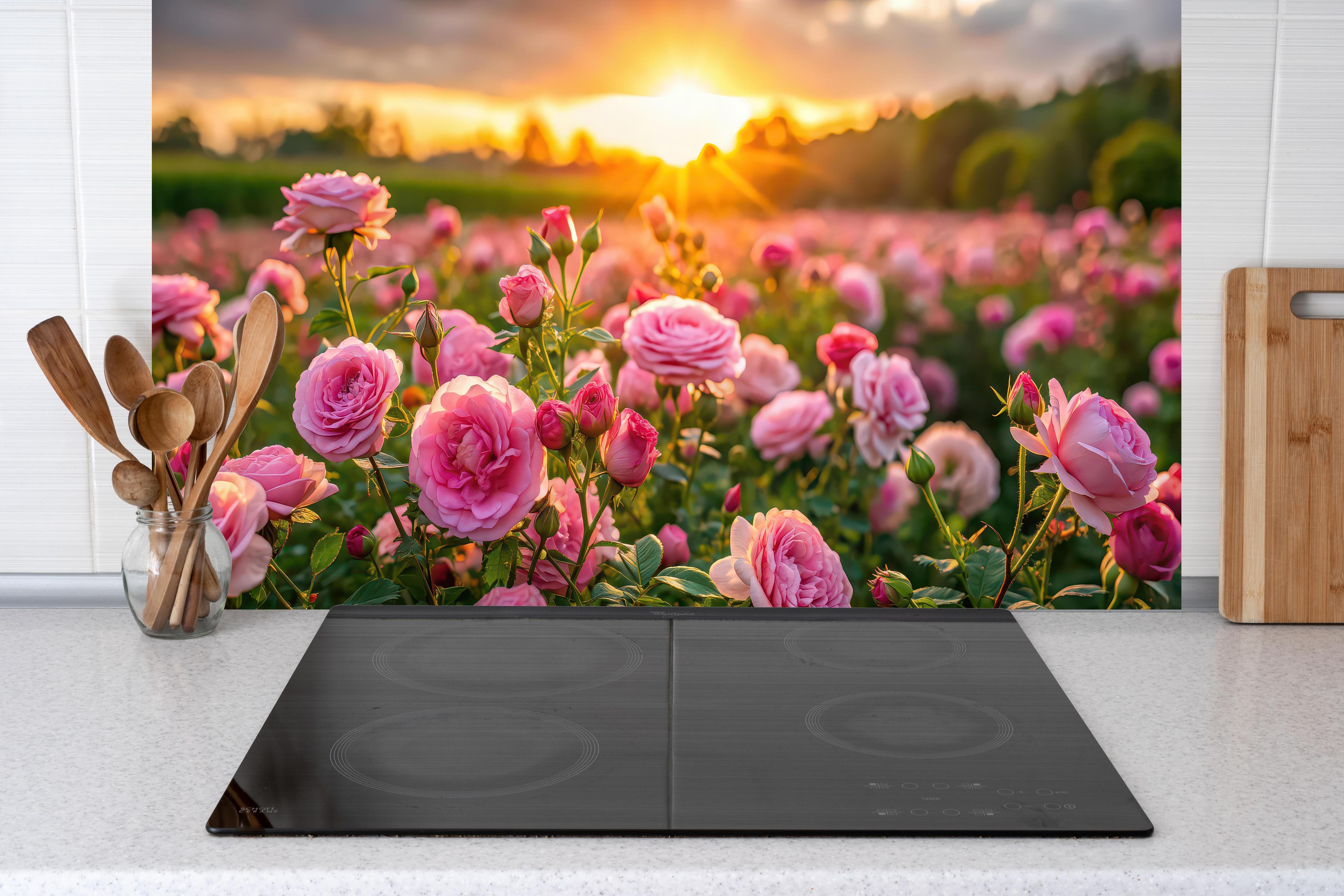 Küche - Rosenwiese bei Sonnenuntergang hinter Cerankochfeld und Holz-Kochutensilien