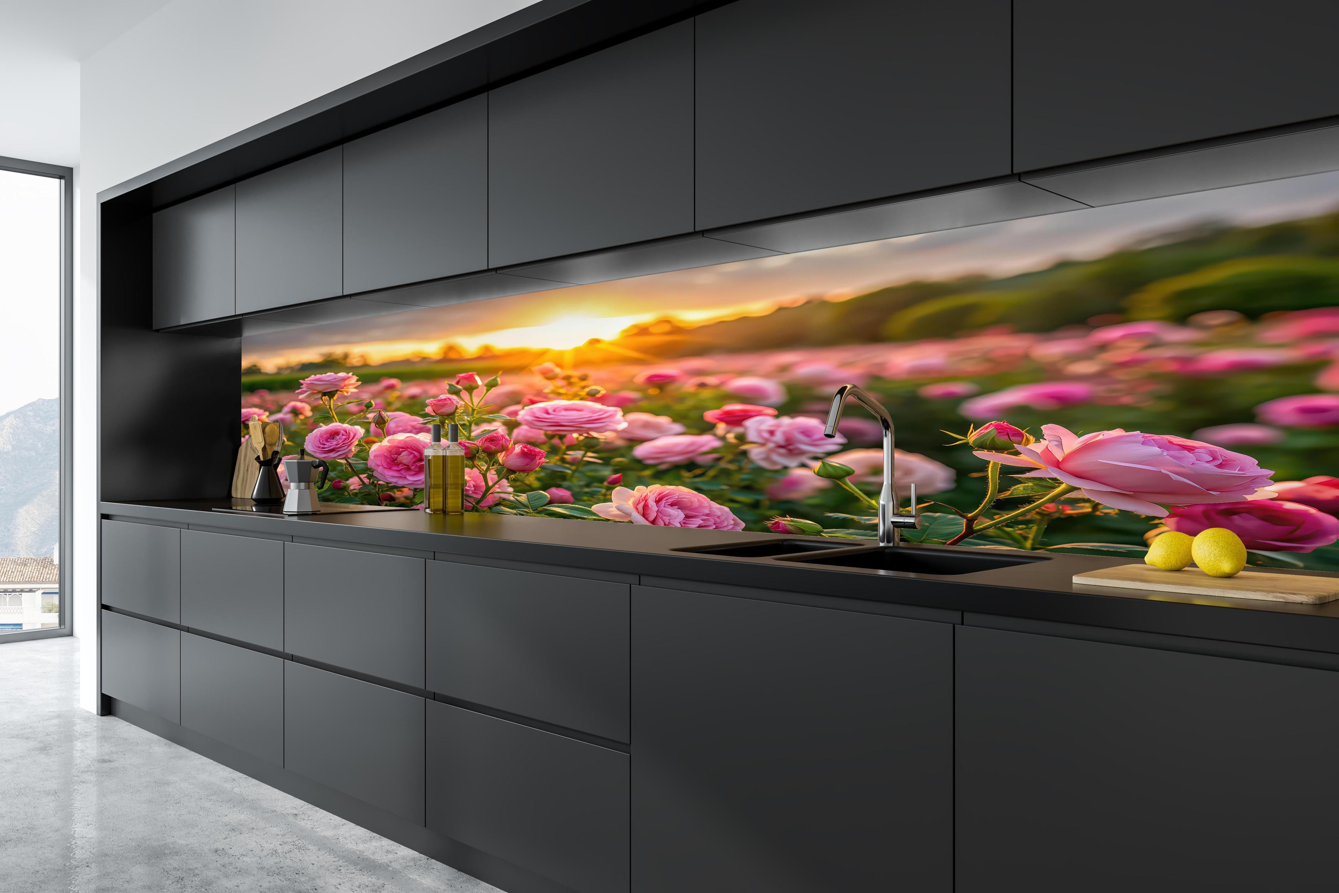 Küche - Rosenwiese bei Sonnenuntergang in tiefschwarzer matt-premium Einbauküche